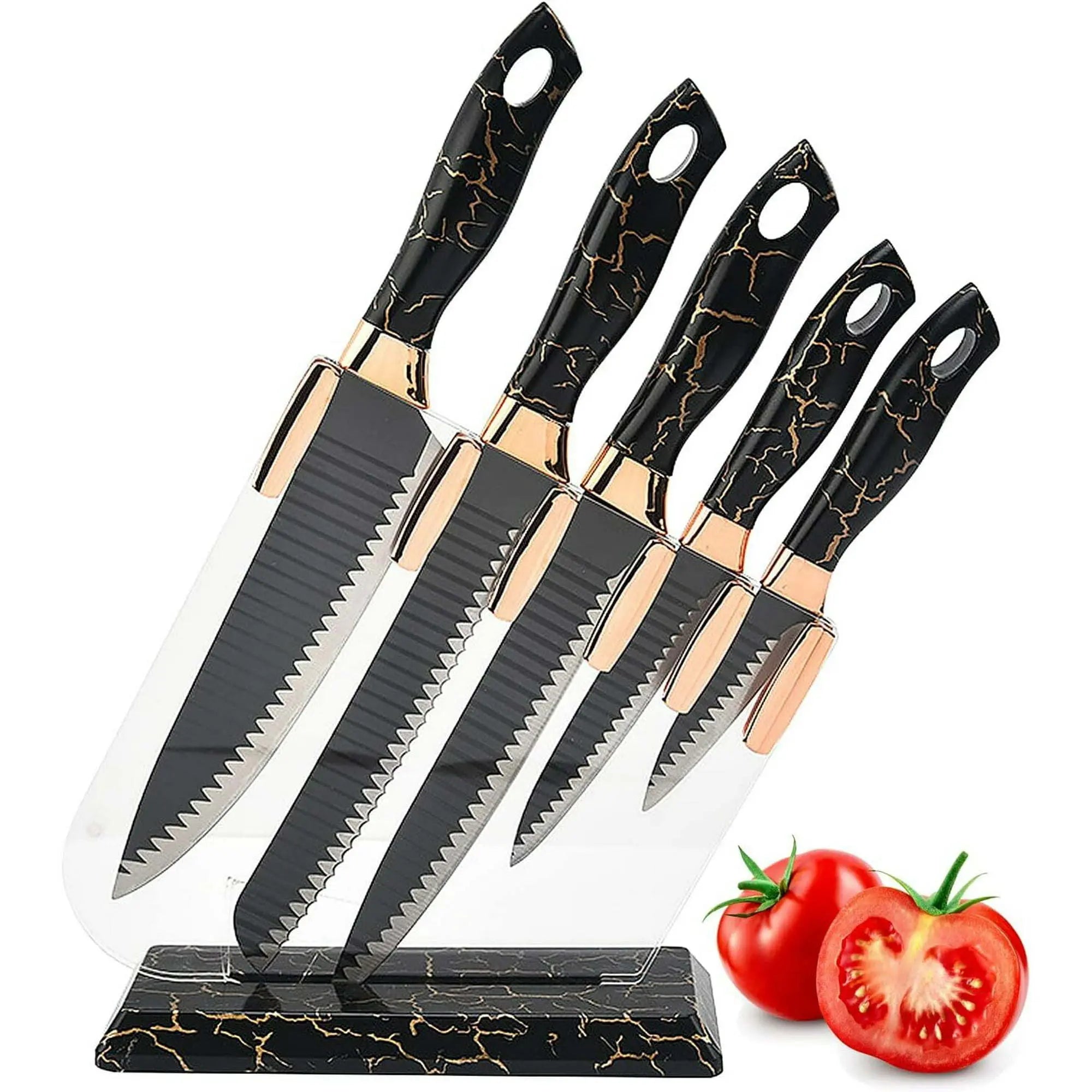 Knife Set for Kitchen, 6-Pieces Black Ultra Sharp Chef Knife Set with Ripple Blade, Marbling Handle Cooking Knife Set with Acrylic Stand for Home Restaurant Apartment - VINE GLOBAL