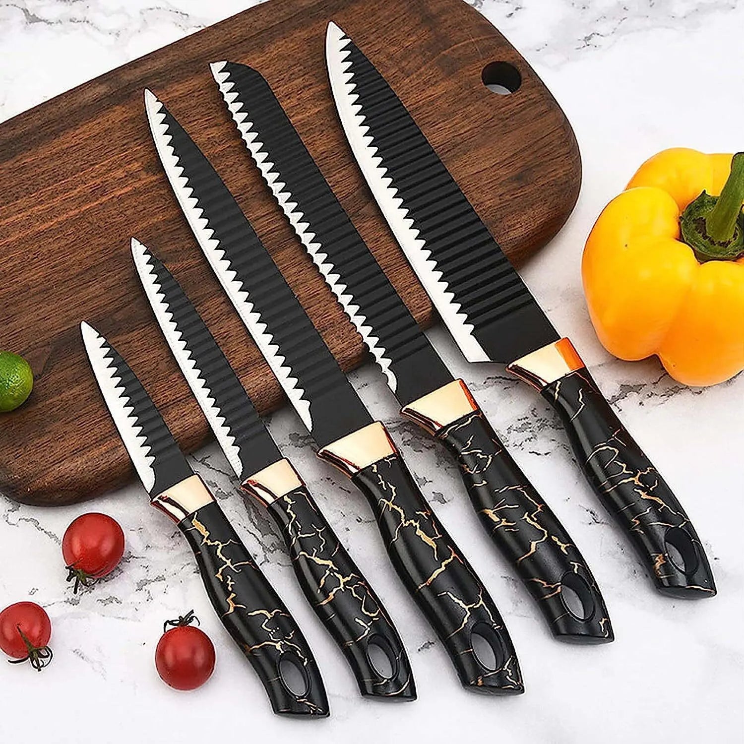 Knife Set for Kitchen, 6-Pieces Black Ultra Sharp Chef Knife Set with Ripple Blade, Marbling Handle Cooking Knife Set with Acrylic Stand for Home Restaurant Apartment - VINE GLOBAL