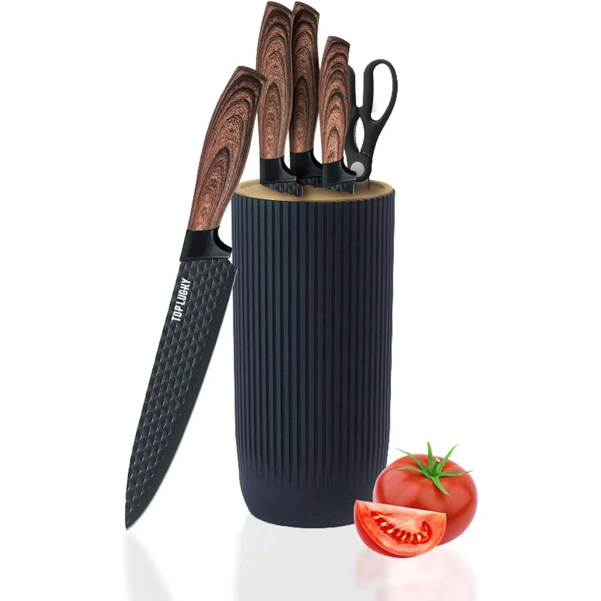 Kitchen Knife Set, 6-Piece Black Cooking Knife Set with Star Grain Blade, Sharp Stainless Steel Chef Knife Set Contains Round Knife Storage, Knives, Scissors for Home Kitchen - VINE GLOBAL