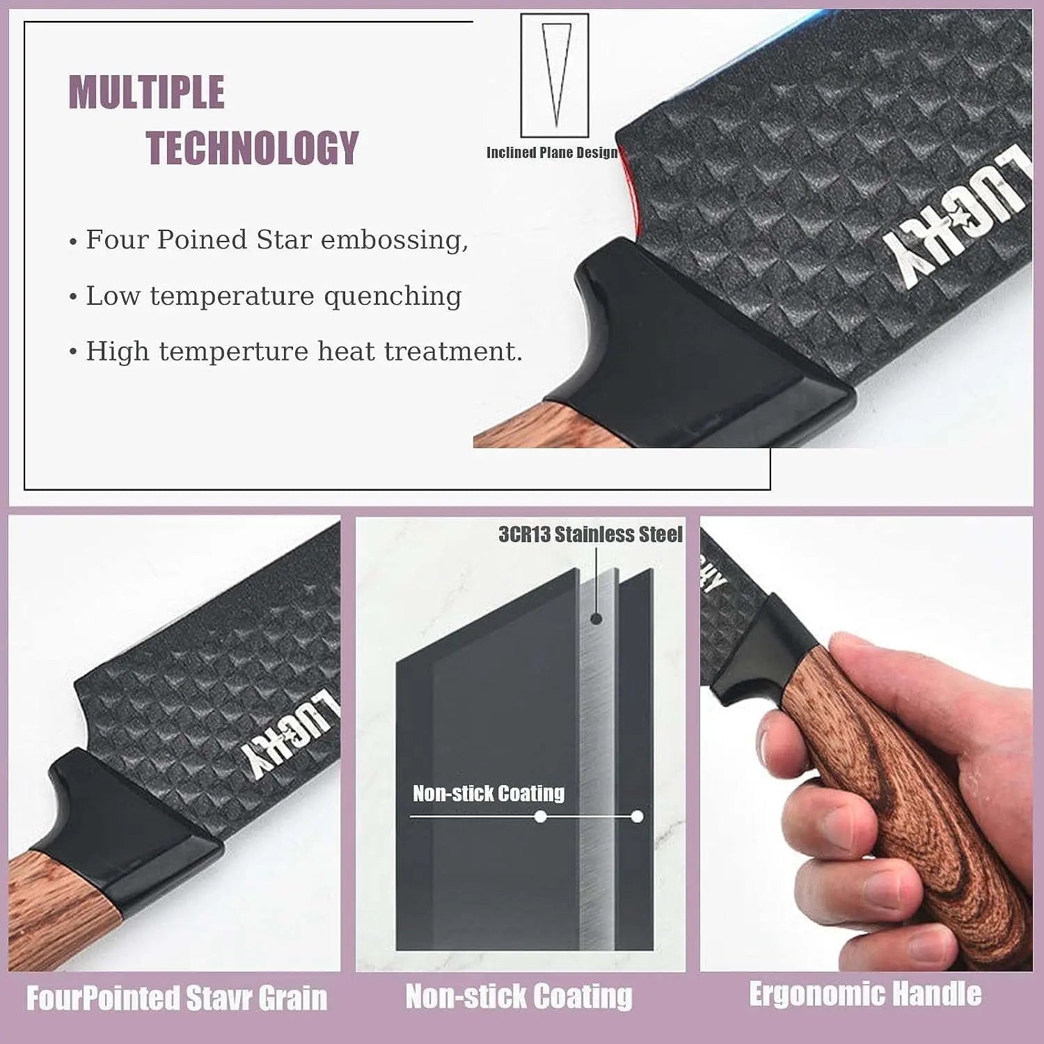 Kitchen Knife Set, 6-Piece Black Cooking Knife Set with Star Grain Blade, Sharp Stainless Steel Chef Knife Set Contains Round Knife Storage, Knives, Scissors for Home Kitchen - VINE GLOBAL