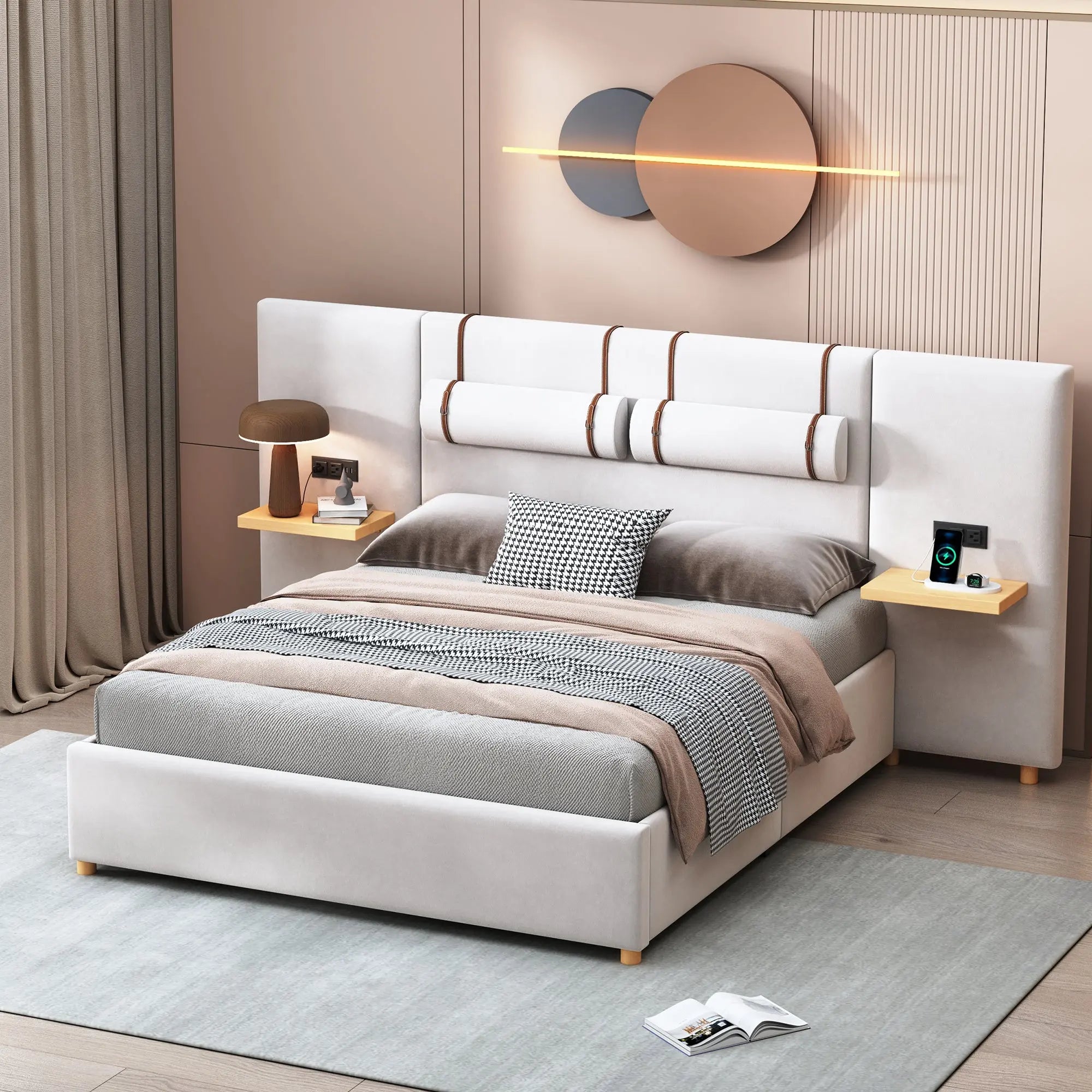 Queen Size Upholstered Platform Bed, Two Outlets and USB Charging Ports on Both Sides, Two Bedside Pillows, Storage Shelves,Velvet, Beige - VINE GLOBAL