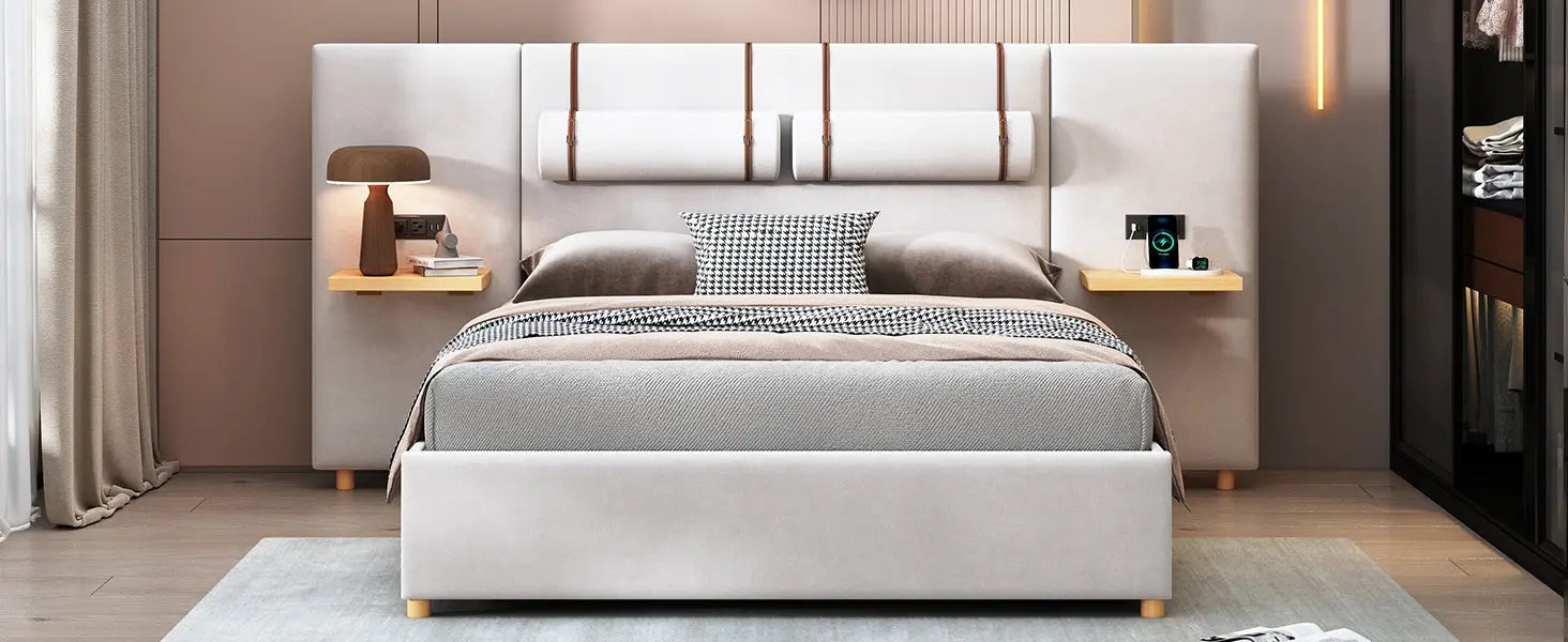Queen Size Upholstered Platform Bed, Two Outlets and USB Charging Ports on Both Sides, Two Bedside Pillows, Storage Shelves,Velvet, Beige - VINE GLOBAL
