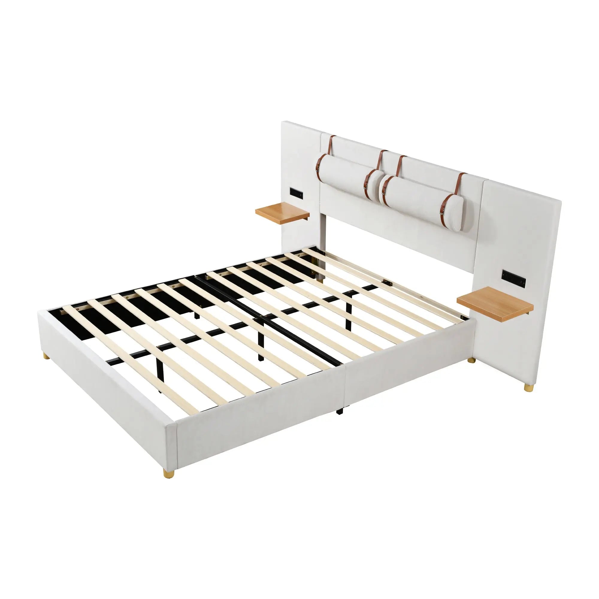 Queen Size Upholstered Platform Bed, Two Outlets and USB Charging Ports on Both Sides, Two Bedside Pillows, Storage Shelves,Velvet, Beige - VINE GLOBAL