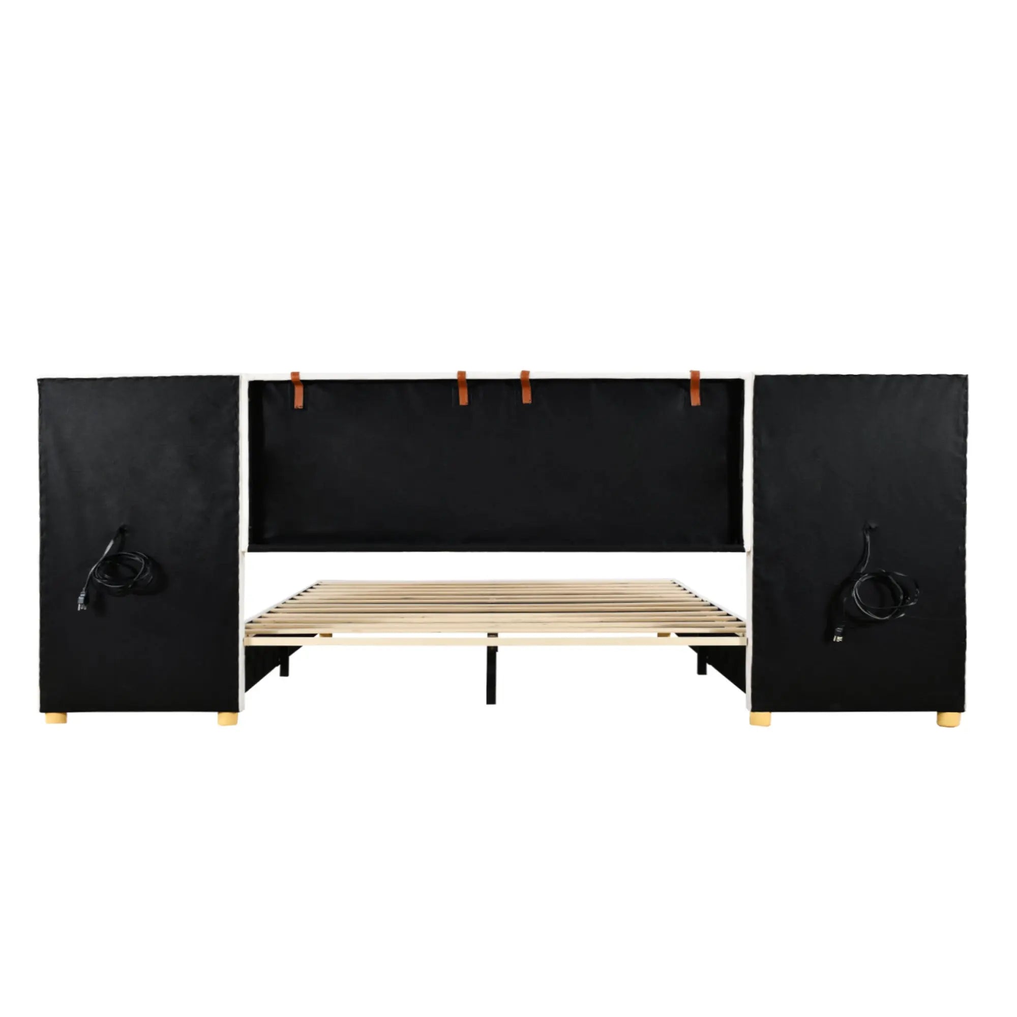 Queen Size Upholstered Platform Bed, Two Outlets and USB Charging Ports on Both Sides, Two Bedside Pillows, Storage Shelves,Velvet, Beige - VINE GLOBAL