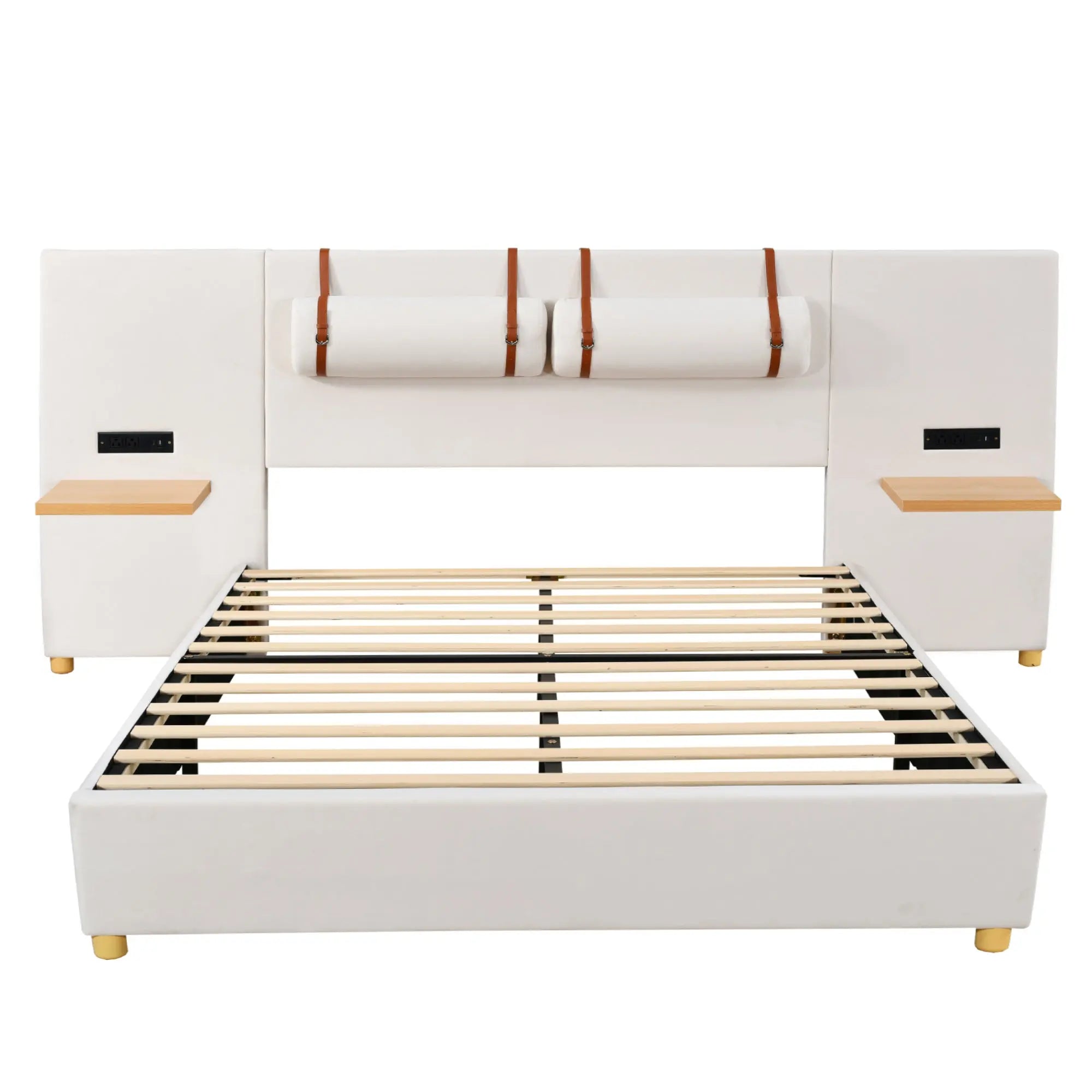 Queen Size Upholstered Platform Bed, Two Outlets and USB Charging Ports on Both Sides, Two Bedside Pillows, Storage Shelves,Velvet, Beige - VINE GLOBAL