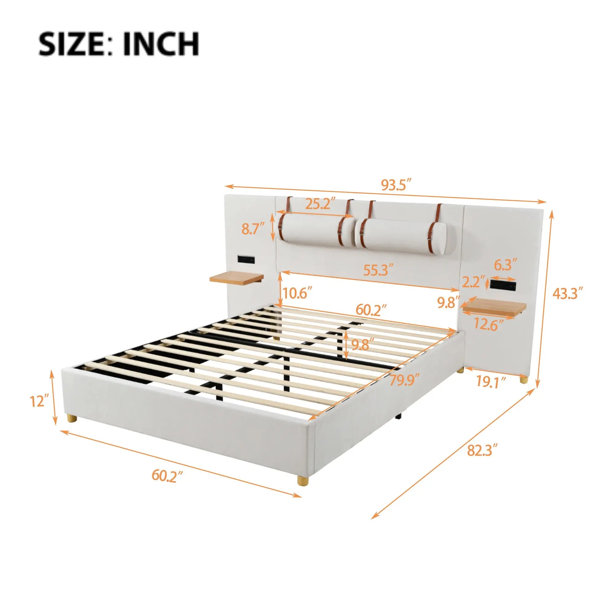 Queen Size Upholstered Platform Bed, Two Outlets and USB Charging Ports on Both Sides, Two Bedside Pillows, Storage Shelves,Velvet, Beige - VINE GLOBAL
