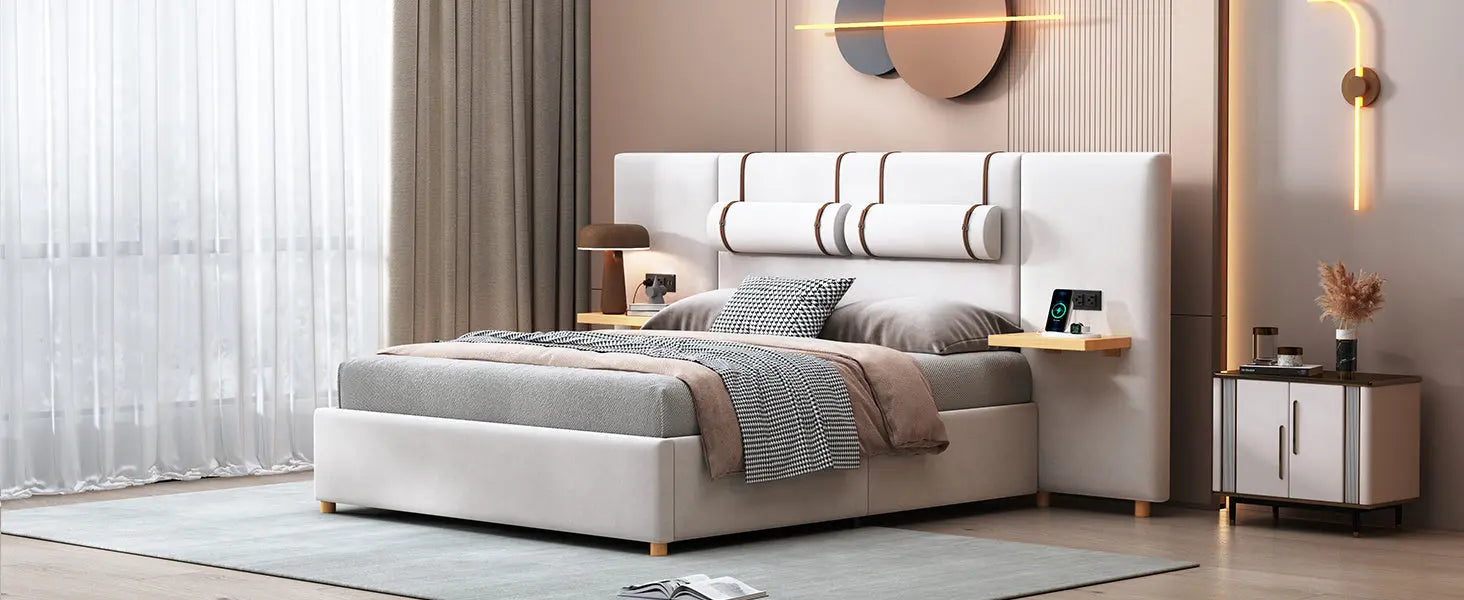 Queen Size Upholstered Platform Bed, Two Outlets and USB Charging Ports on Both Sides, Two Bedside Pillows, Storage Shelves,Velvet, Beige - VINE GLOBAL