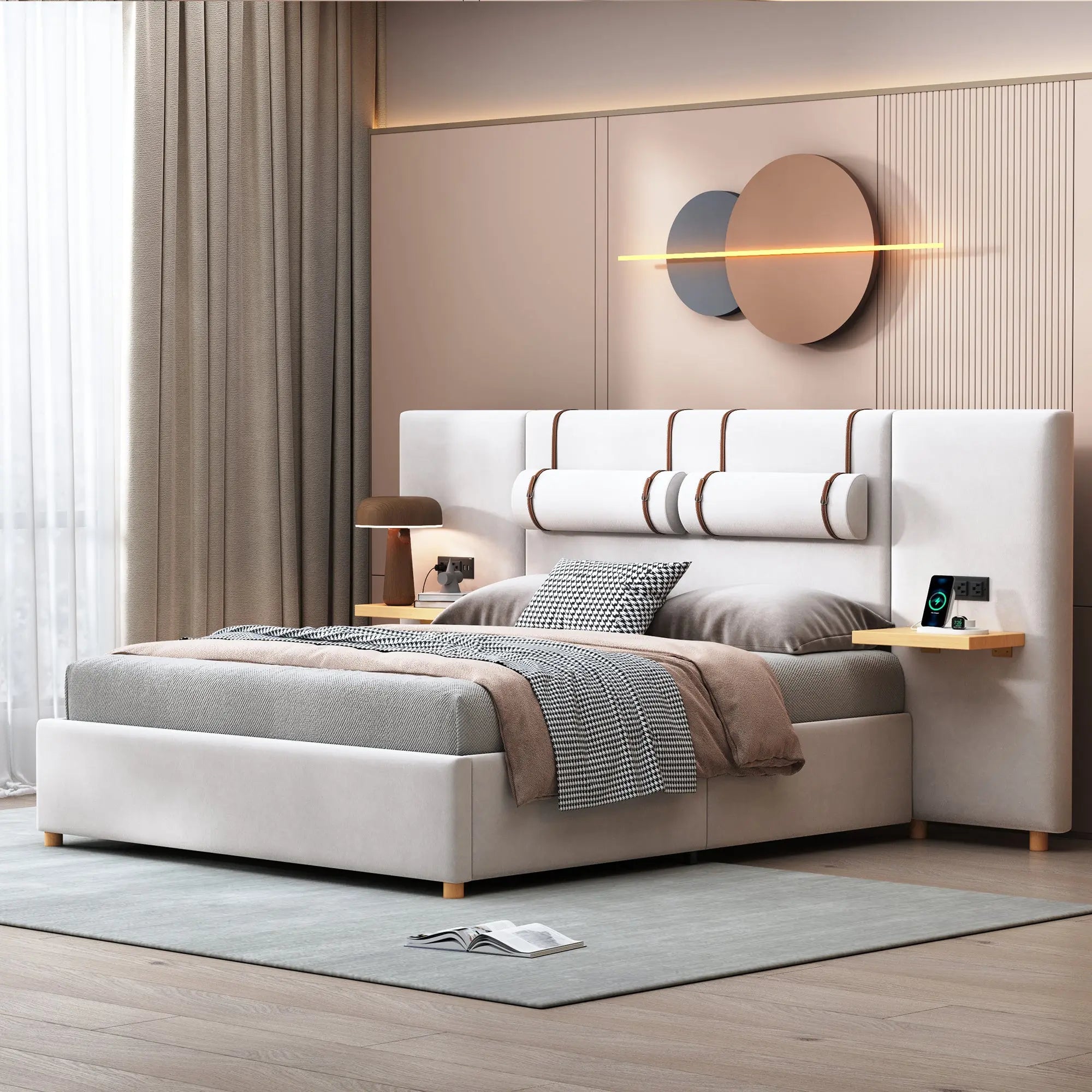 Queen Size Upholstered Platform Bed, Two Outlets and USB Charging Ports on Both Sides, Two Bedside Pillows, Storage Shelves,Velvet, Beige - VINE GLOBAL