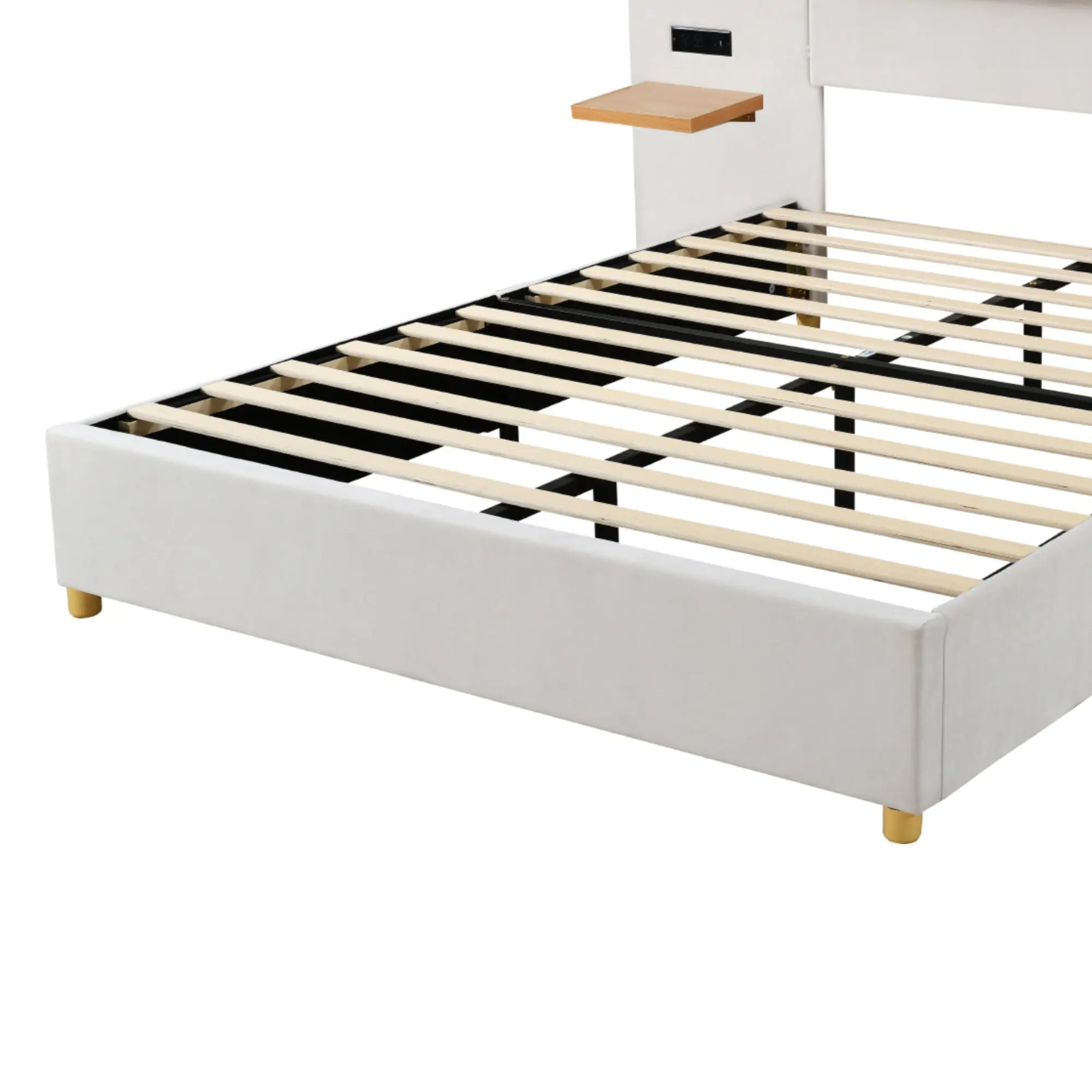 Queen Size Upholstered Platform Bed, Two Outlets and USB Charging Ports on Both Sides, Two Bedside Pillows, Storage Shelves,Velvet, Beige - VINE GLOBAL