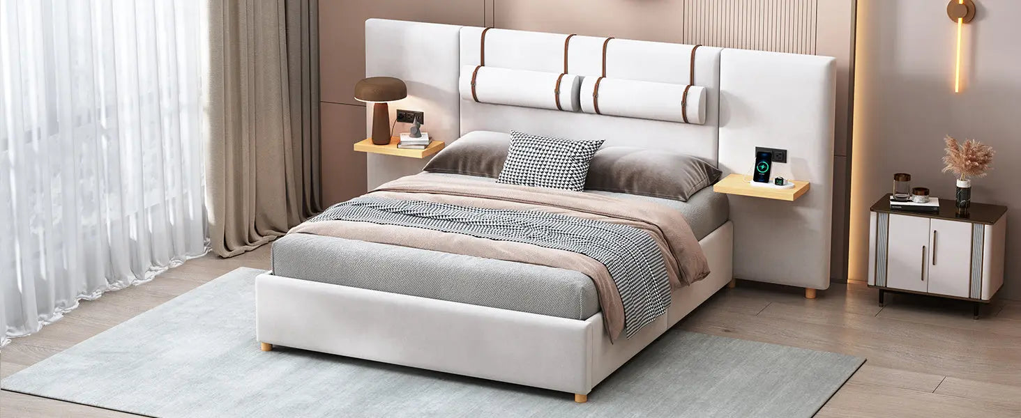 Queen Size Upholstered Platform Bed, Two Outlets and USB Charging Ports on Both Sides, Two Bedside Pillows, Storage Shelves,Velvet, Beige - VINE GLOBAL