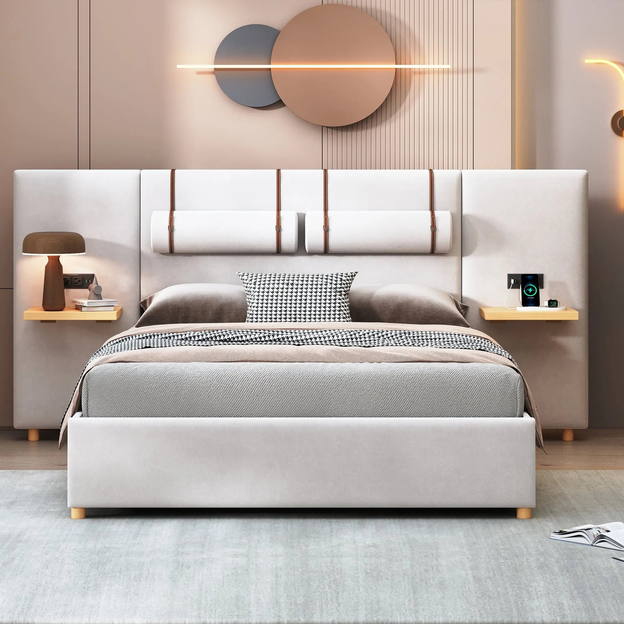 Queen Size Upholstered Platform Bed, Two Outlets and USB Charging Ports on Both Sides, Two Bedside Pillows, Storage Shelves,Velvet, Beige - VINE GLOBAL
