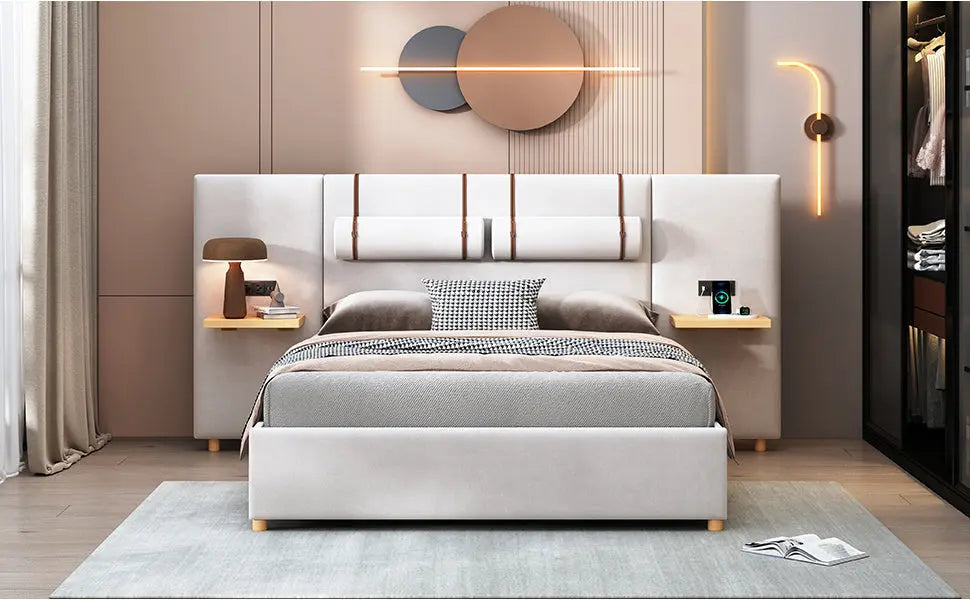 Queen Size Upholstered Platform Bed, Two Outlets and USB Charging Ports on Both Sides, Two Bedside Pillows, Storage Shelves,Velvet, Beige - VINE GLOBAL