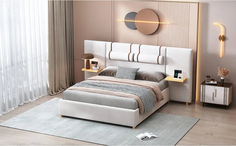 Queen Size Upholstered Platform Bed, Two Outlets and USB Charging Ports on Both Sides, Two Bedside Pillows, Storage Shelves,Velvet, Beige - VINE GLOBAL