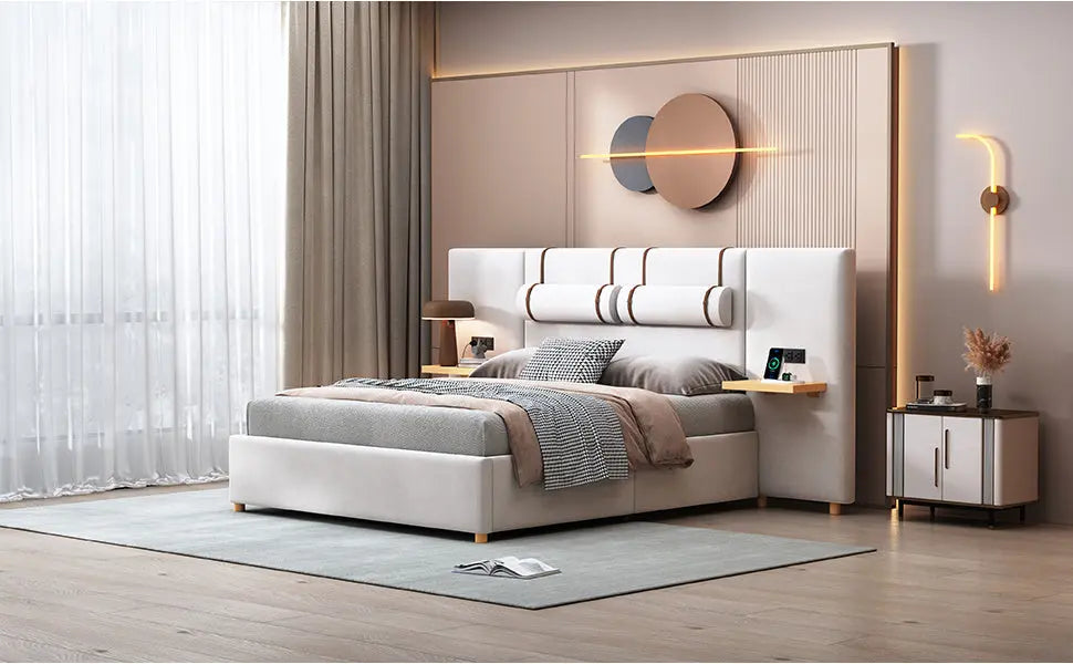 Queen Size Upholstered Platform Bed, Two Outlets and USB Charging Ports on Both Sides, Two Bedside Pillows, Storage Shelves,Velvet, Beige - VINE GLOBAL