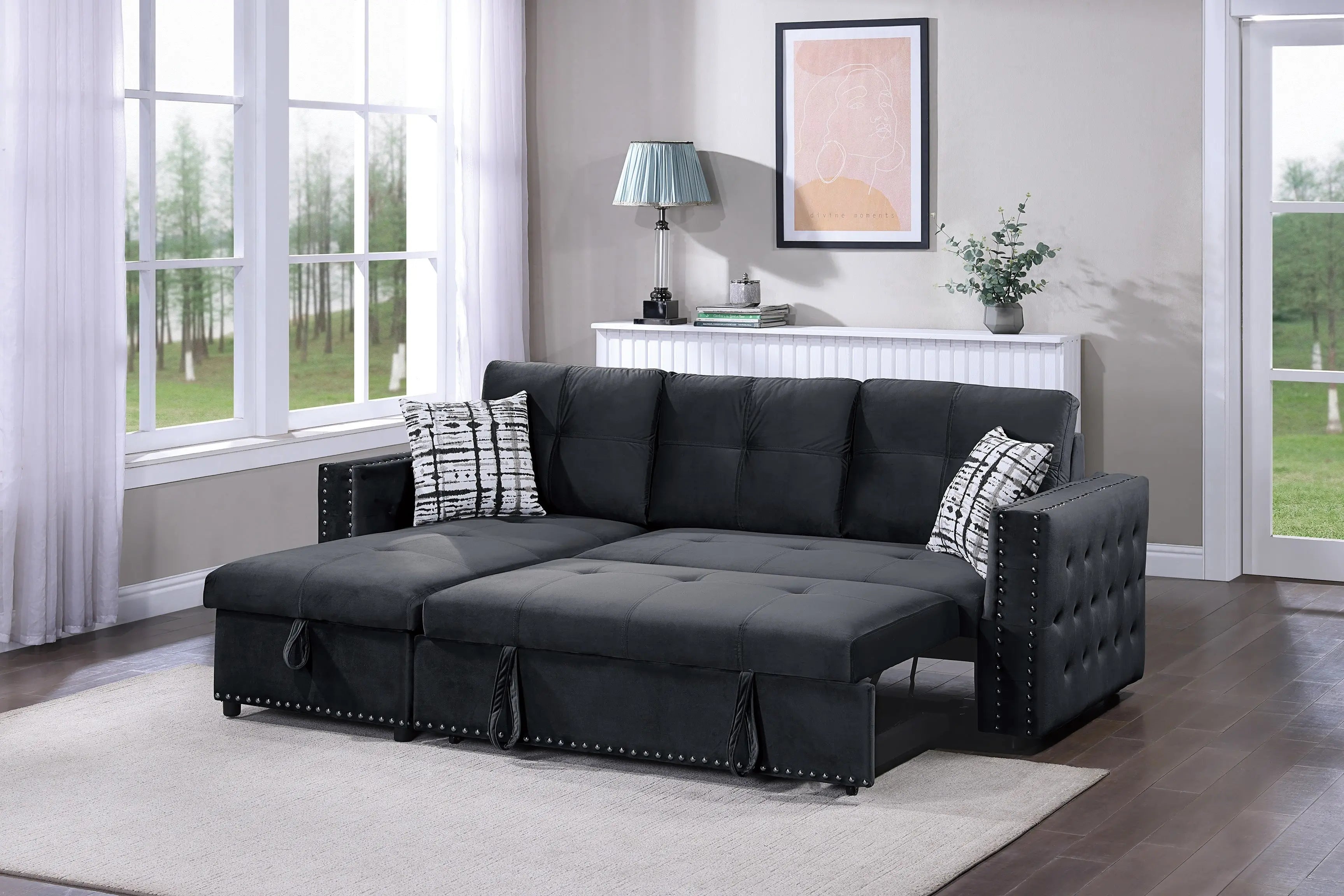 Black Velvet Convertible Sectional Sofa Pull out Bed Couch Storage Chaise Tufted Reversible 2pc Sectional Living Room - VINE GLOBAL