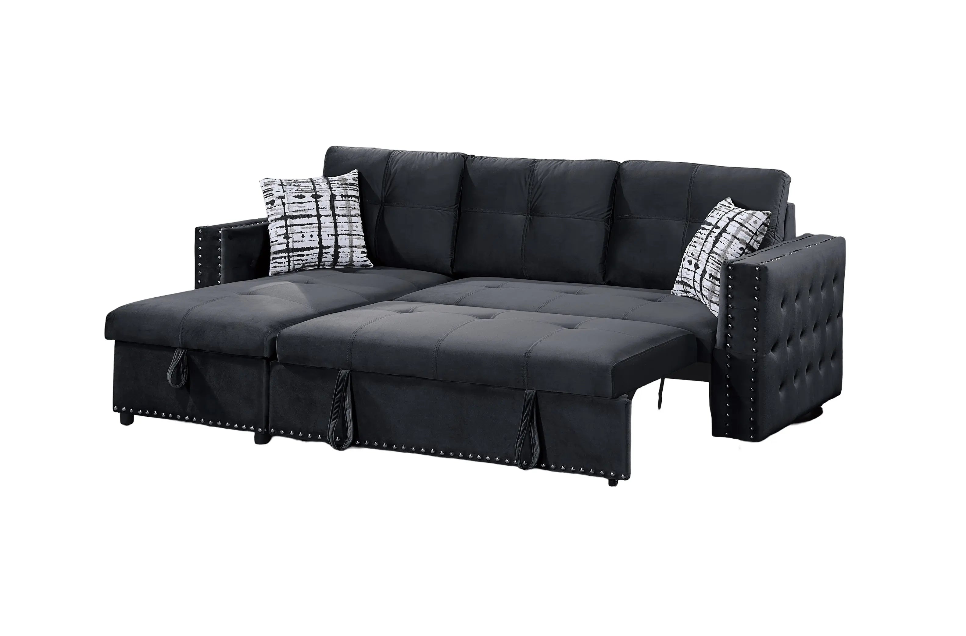 Black Velvet Convertible Sectional Sofa Pull out Bed Couch Storage Chaise Tufted Reversible 2pc Sectional Living Room - VINE GLOBAL