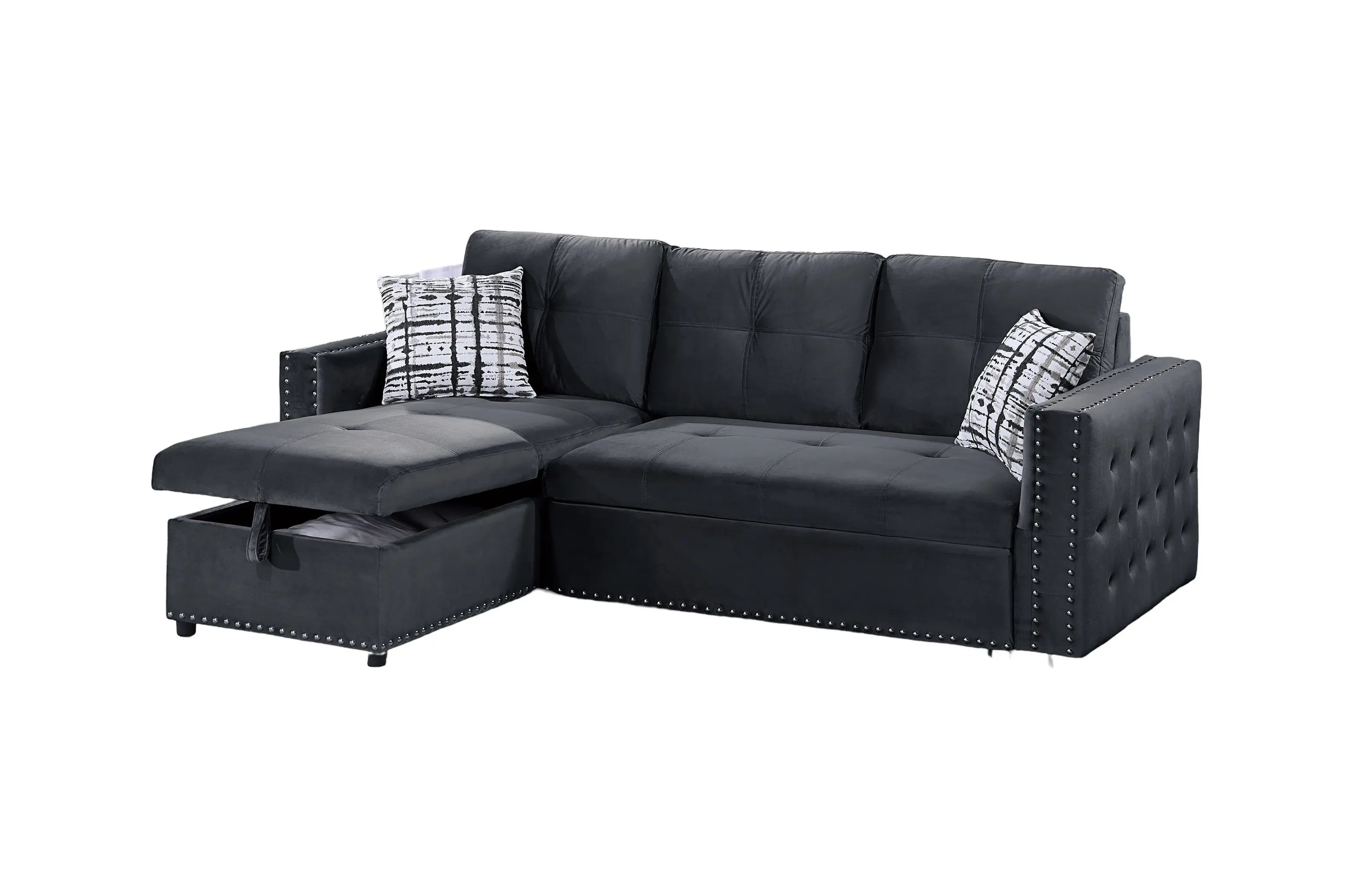 Black Velvet Convertible Sectional Sofa Pull out Bed Couch Storage Chaise Tufted Reversible 2pc Sectional Living Room - VINE GLOBAL