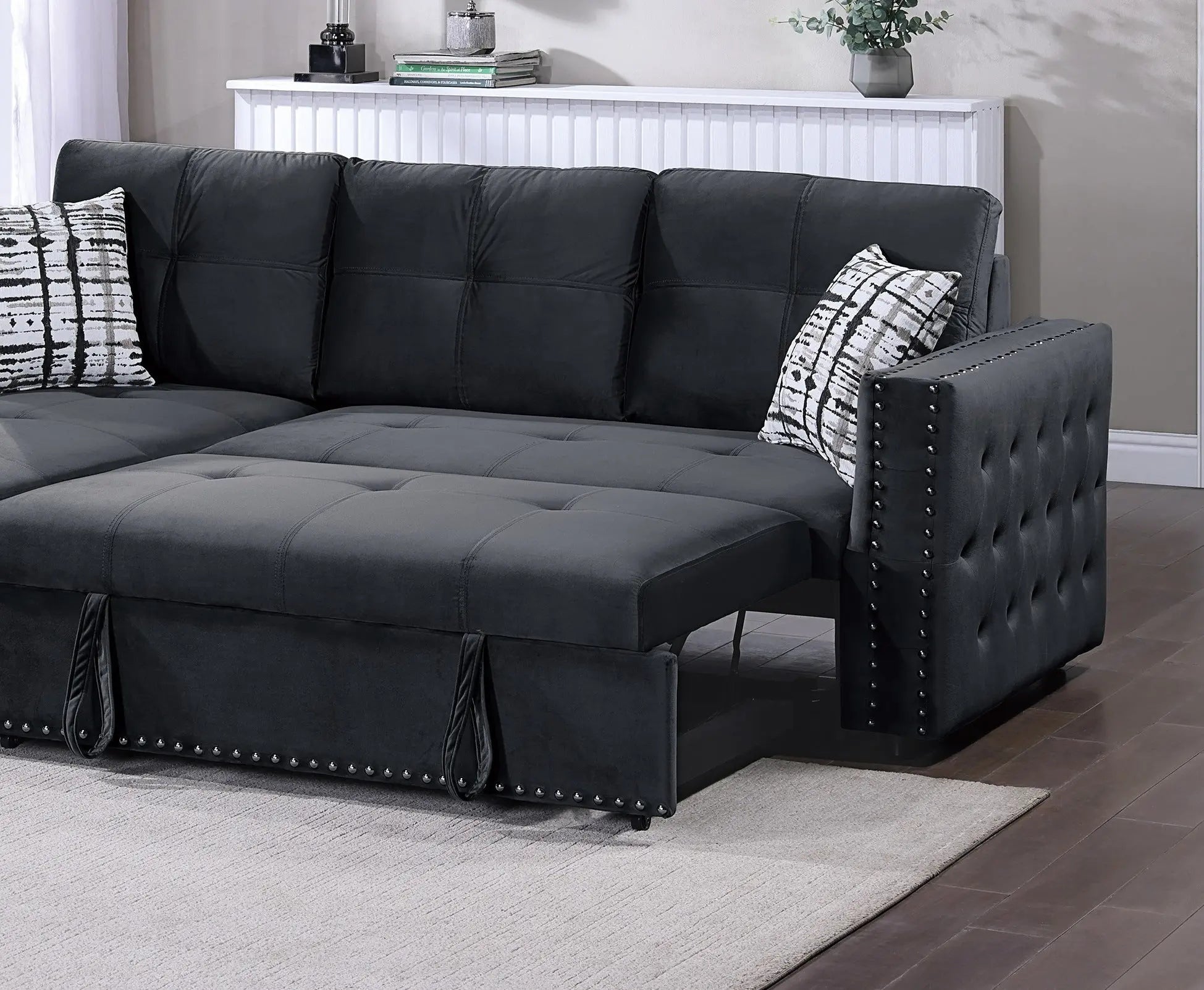 Black Velvet Convertible Sectional Sofa Pull out Bed Couch Storage Chaise Tufted Reversible 2pc Sectional Living Room - VINE GLOBAL