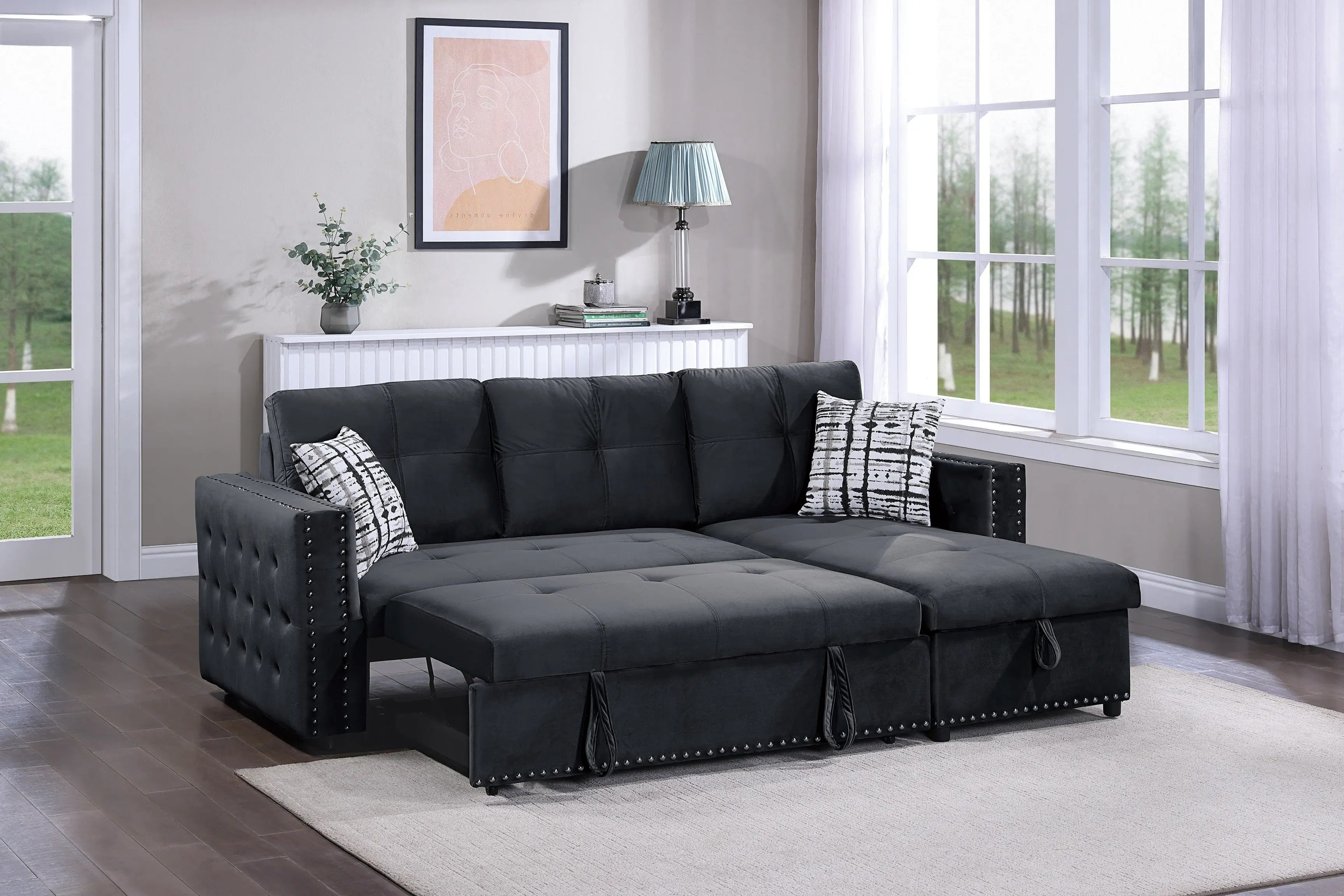 Black Velvet Convertible Sectional Sofa Pull out Bed Couch Storage Chaise Tufted Reversible 2pc Sectional Living Room - VINE GLOBAL