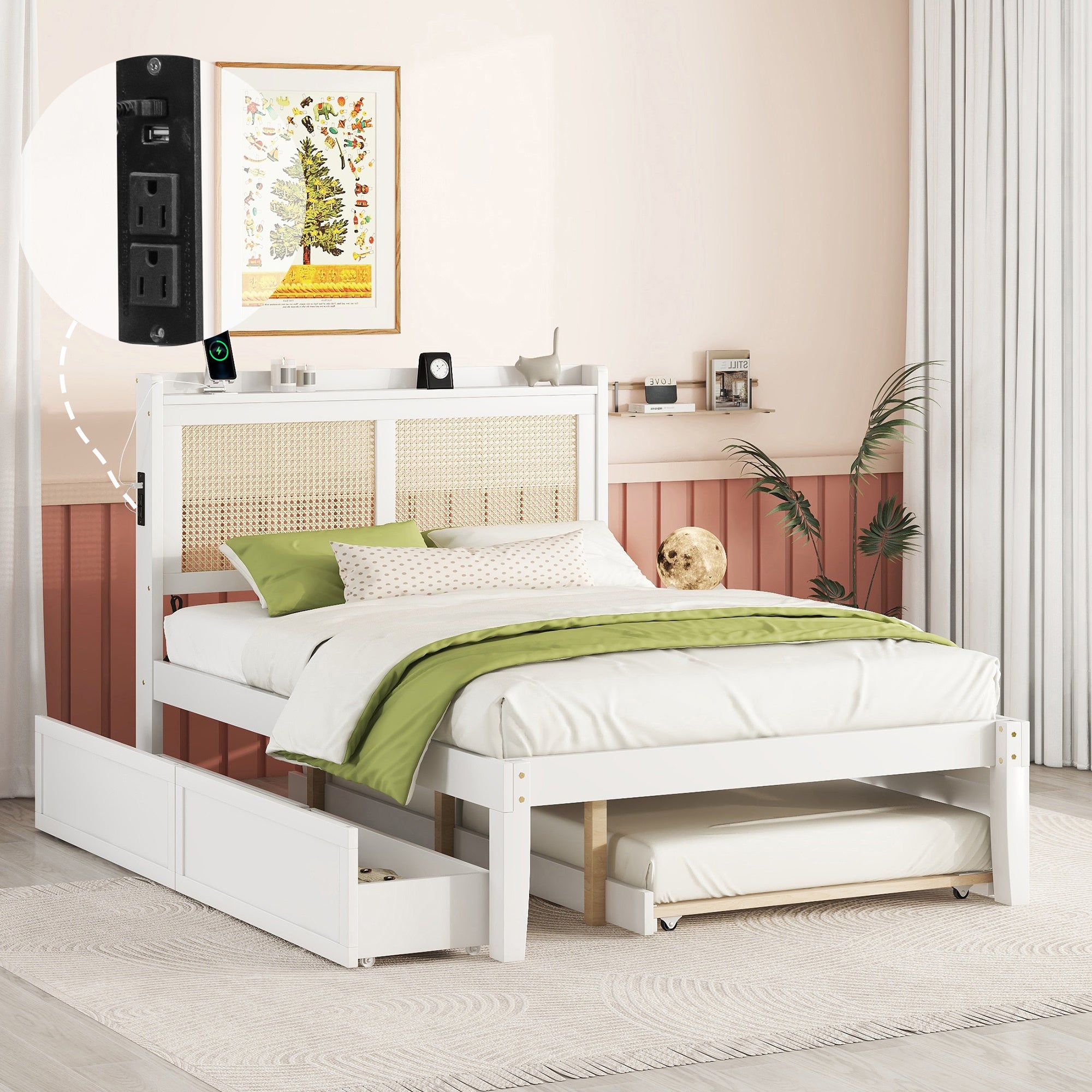 Full Size Elegant Bed Frame with Rattan Headboard and Sockets ,White - VINE GLOBAL