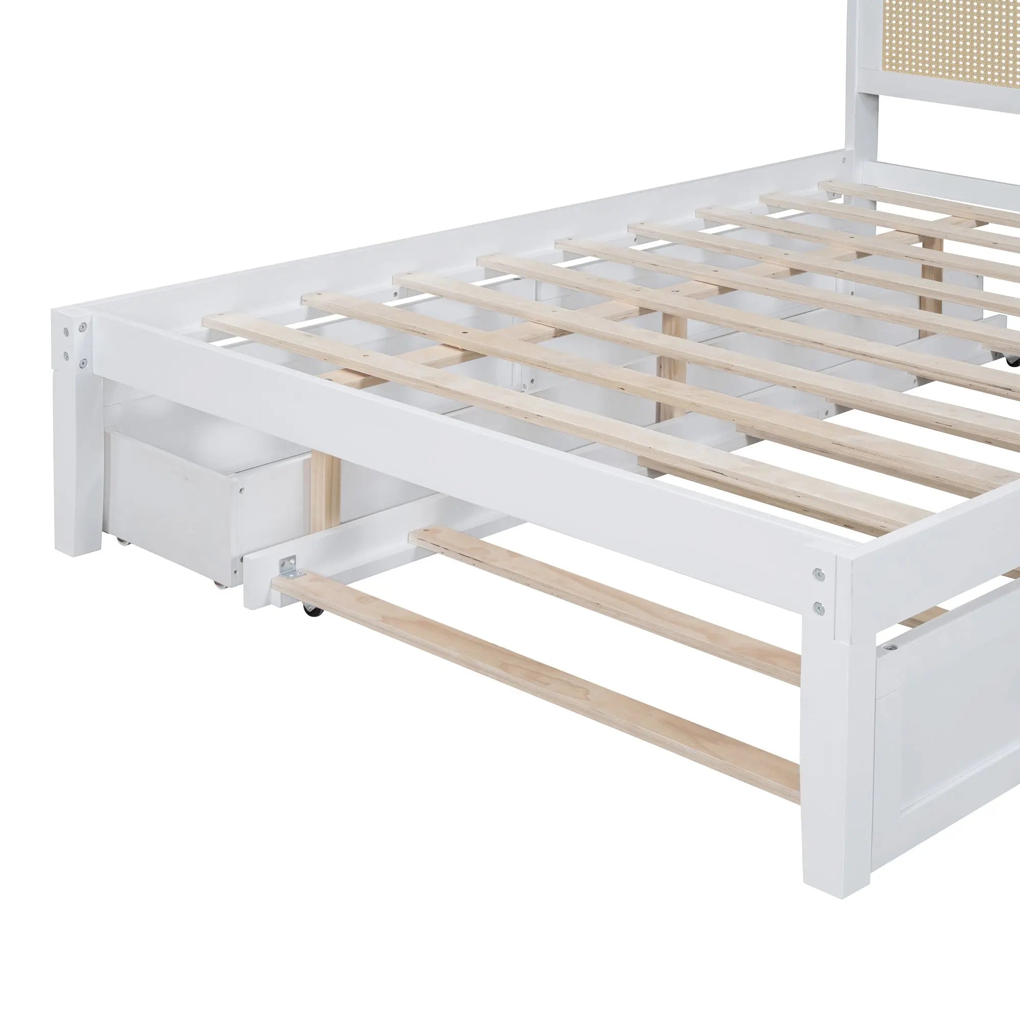 Full Size Elegant Bed Frame with Rattan Headboard and Sockets ,White - VINE GLOBAL