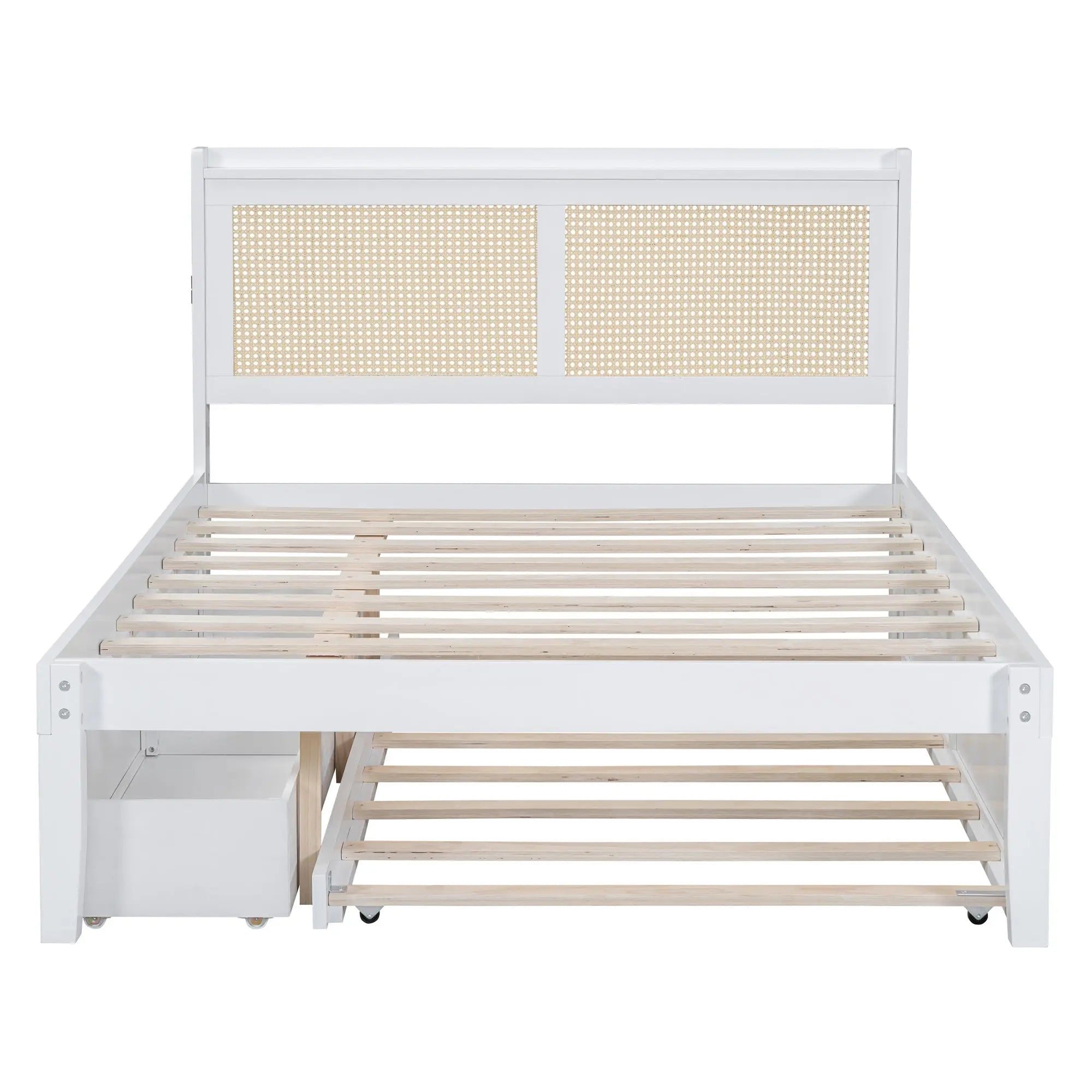 Full Size Elegant Bed Frame with Rattan Headboard and Sockets ,White - VINE GLOBAL