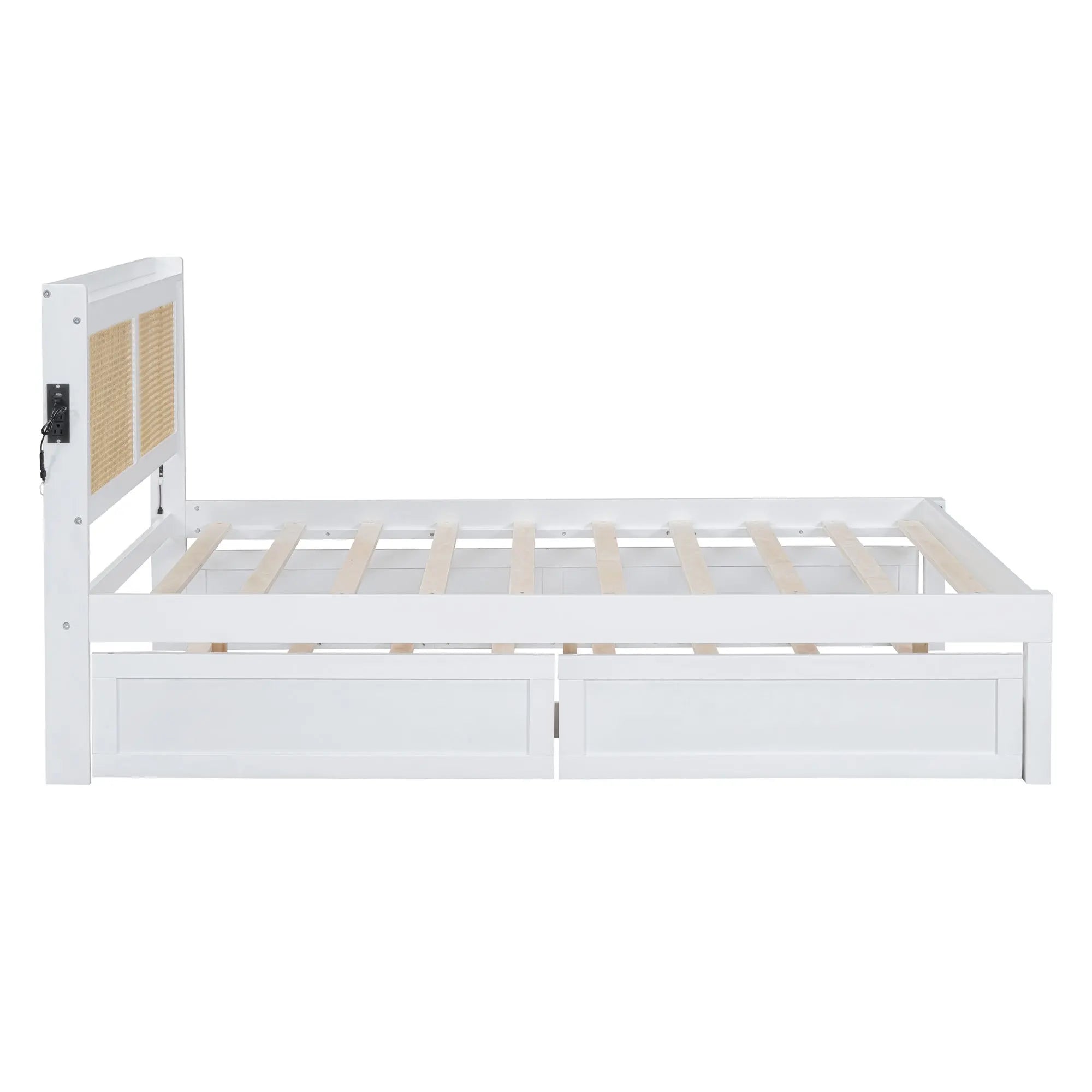 Full Size Elegant Bed Frame with Rattan Headboard and Sockets ,White - VINE GLOBAL