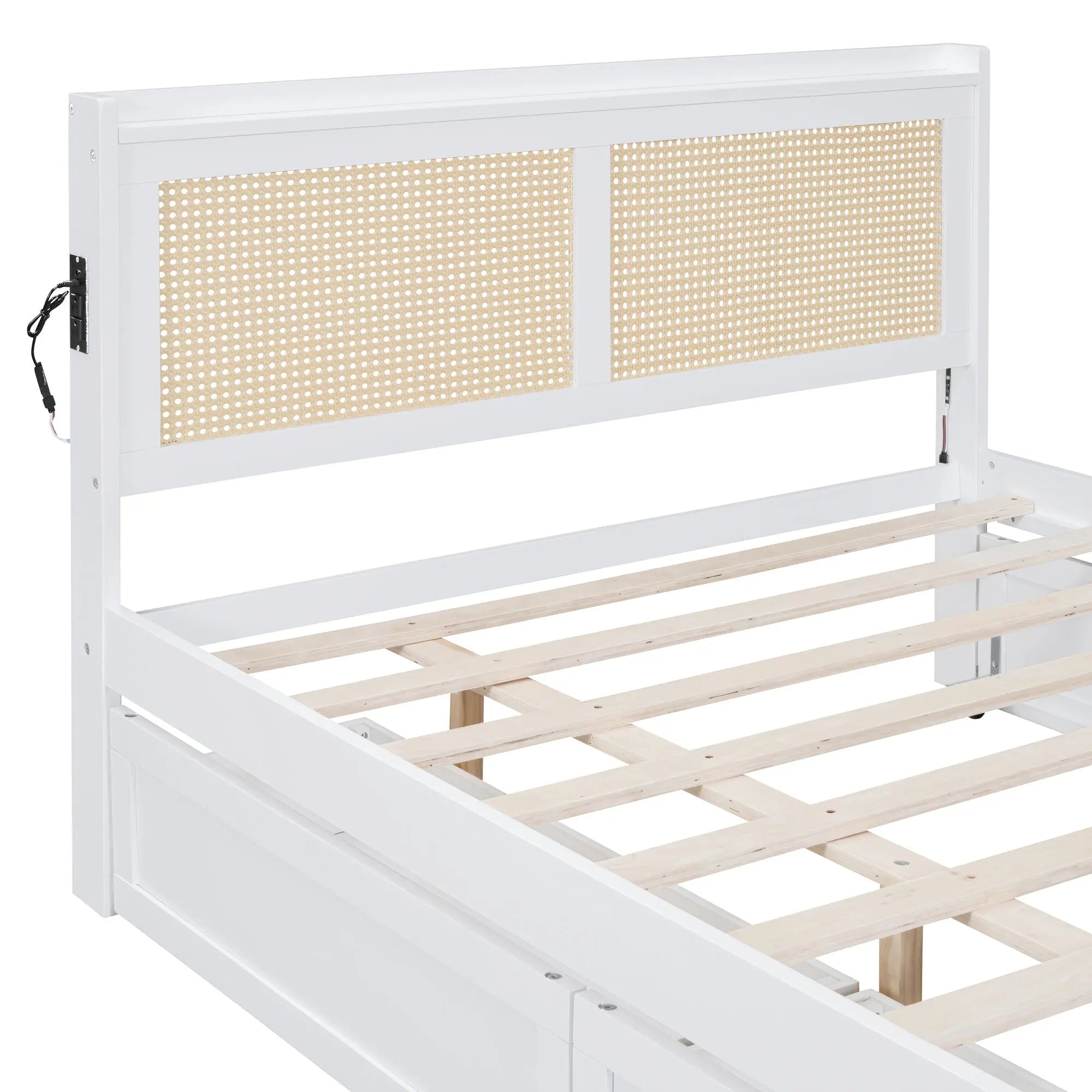 Full Size Elegant Bed Frame with Rattan Headboard and Sockets ,White - VINE GLOBAL