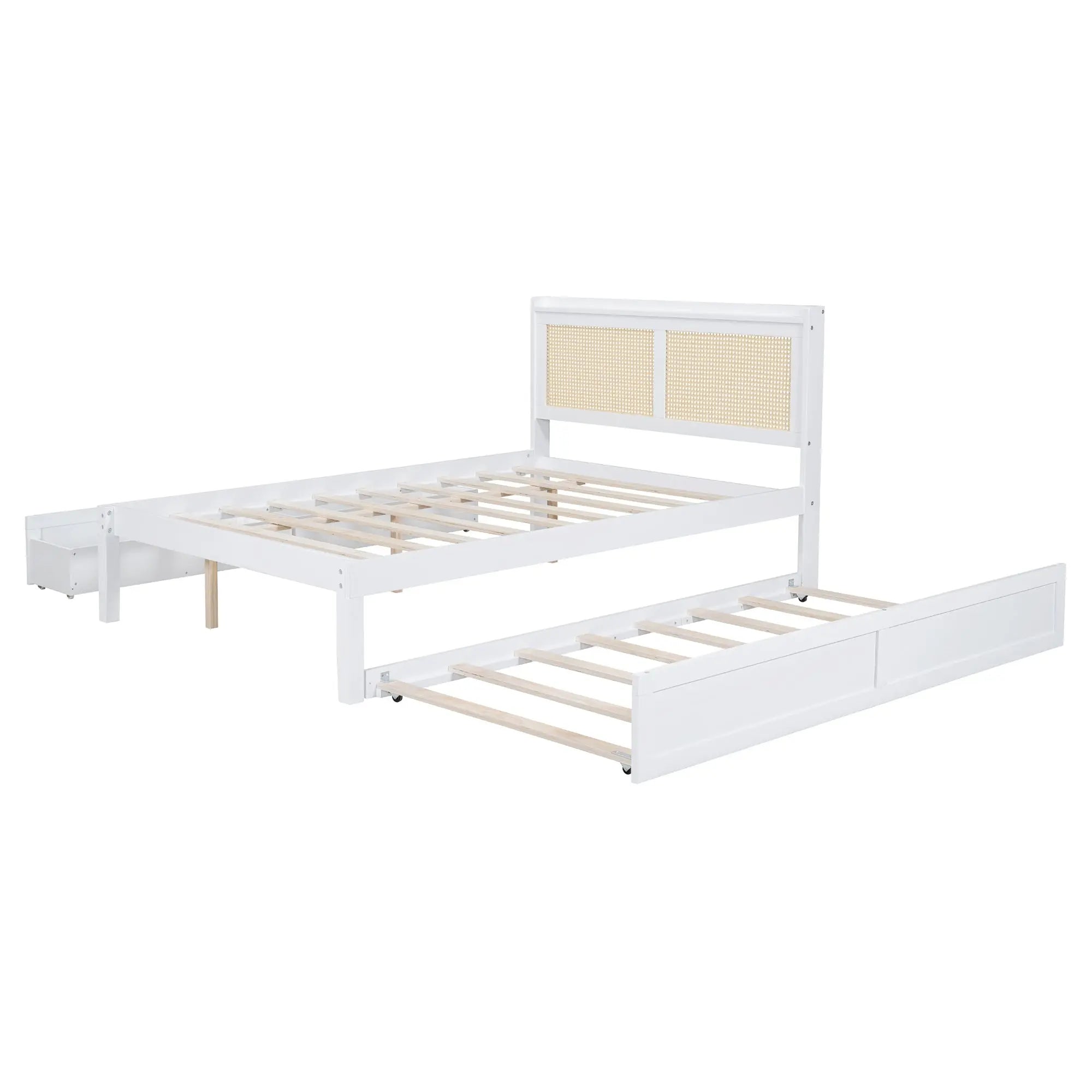 Full Size Elegant Bed Frame with Rattan Headboard and Sockets ,White - VINE GLOBAL