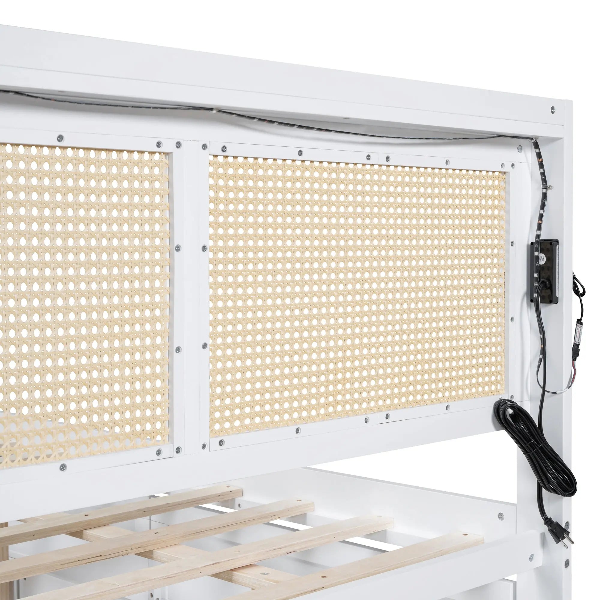 Full Size Elegant Bed Frame with Rattan Headboard and Sockets ,White - VINE GLOBAL