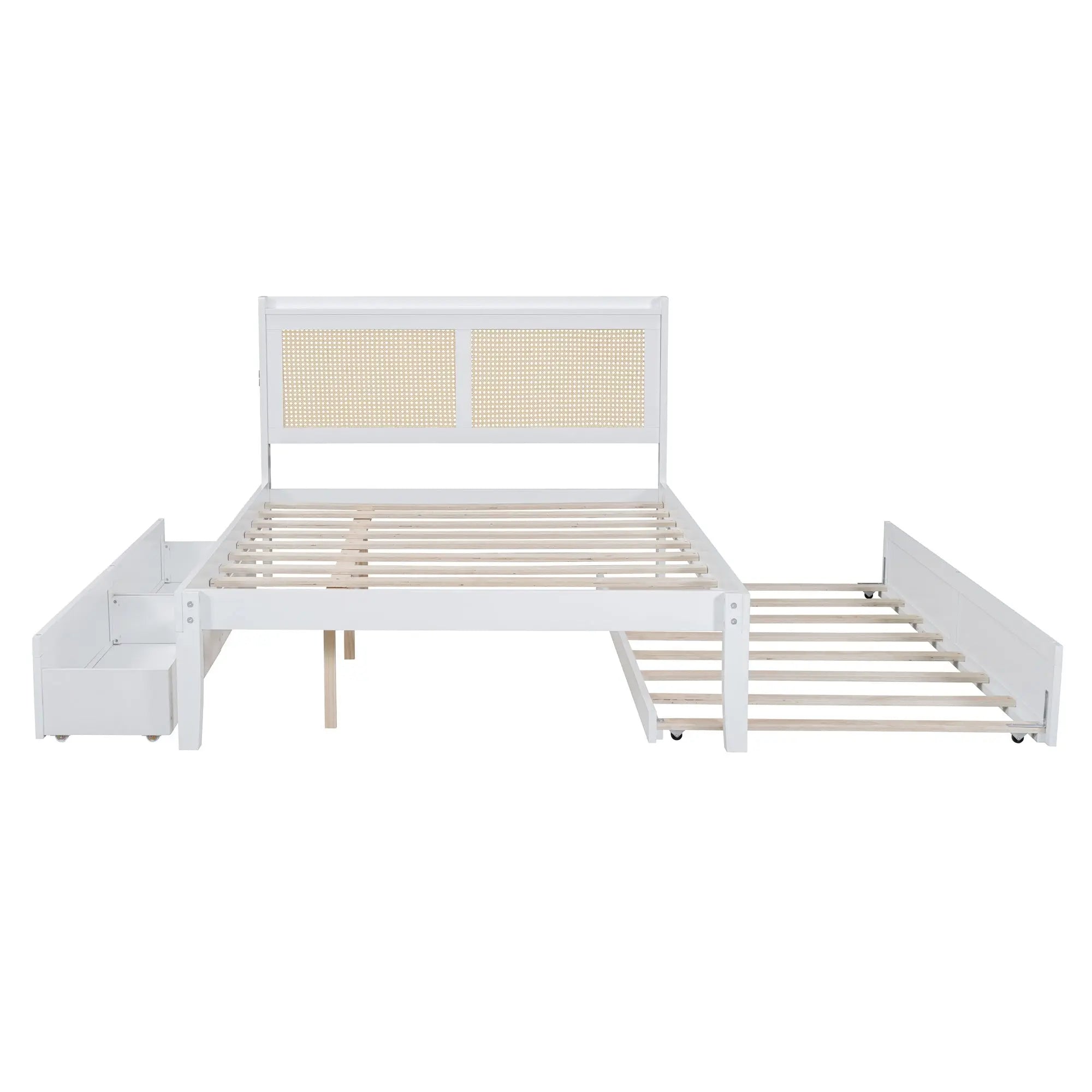 Full Size Elegant Bed Frame with Rattan Headboard and Sockets ,White - VINE GLOBAL