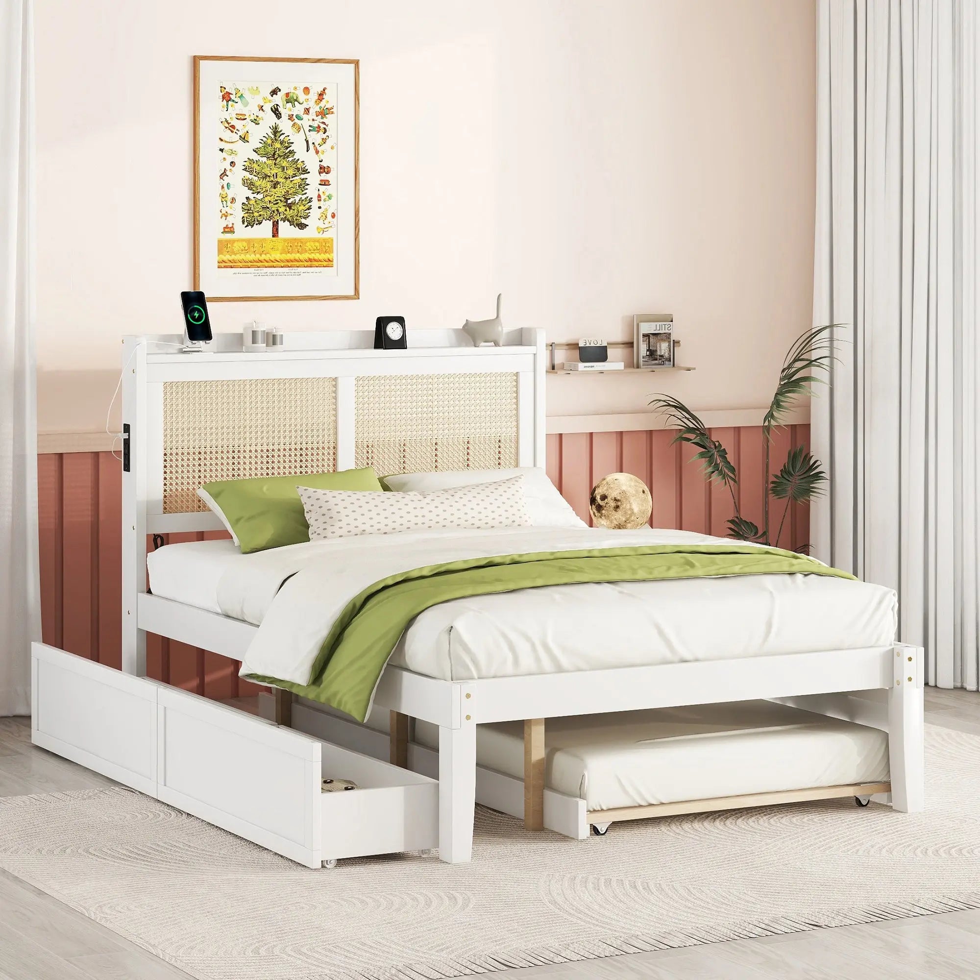 Full Size Elegant Bed Frame with Rattan Headboard and Sockets ,White - VINE GLOBAL