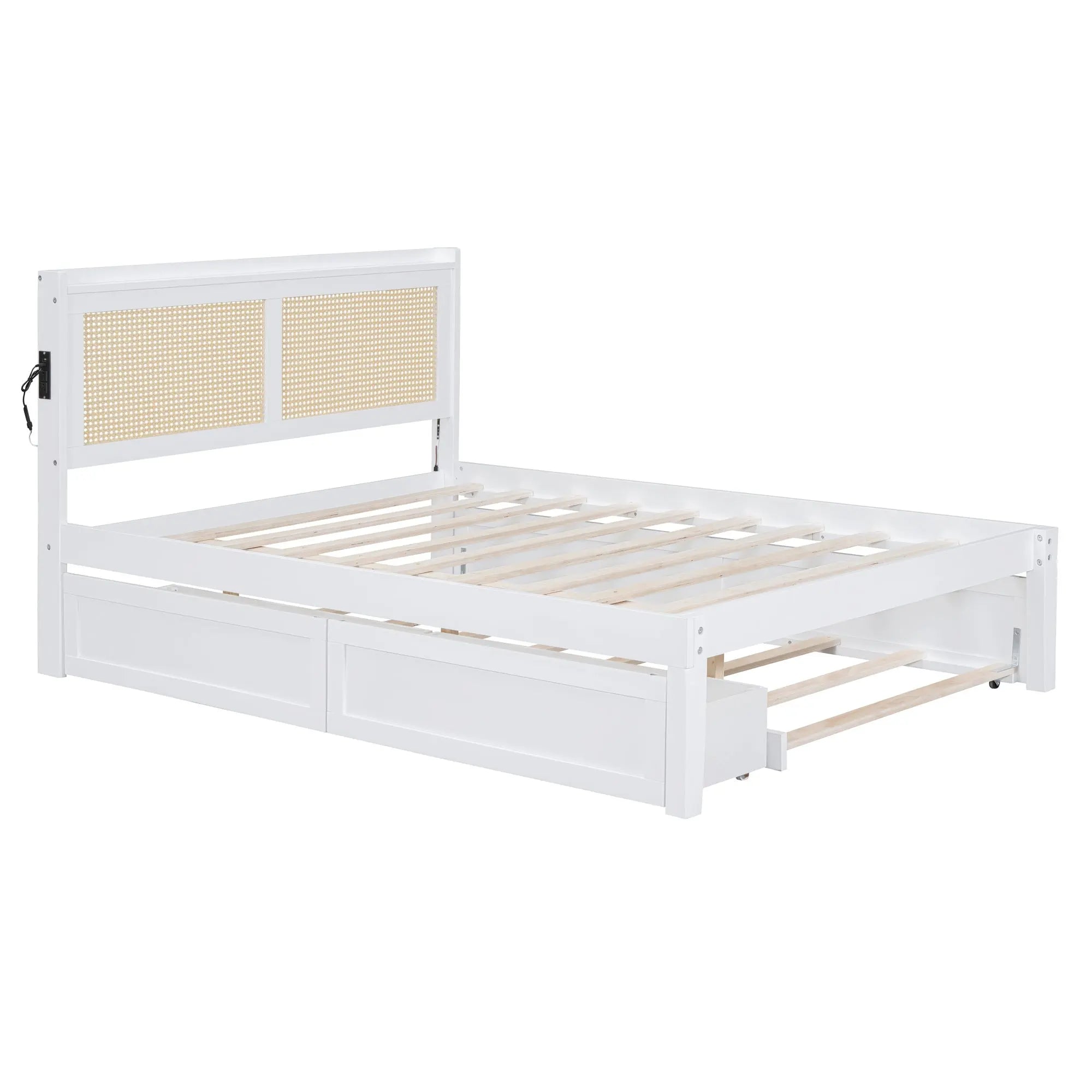 Full Size Elegant Bed Frame with Rattan Headboard and Sockets ,White - VINE GLOBAL