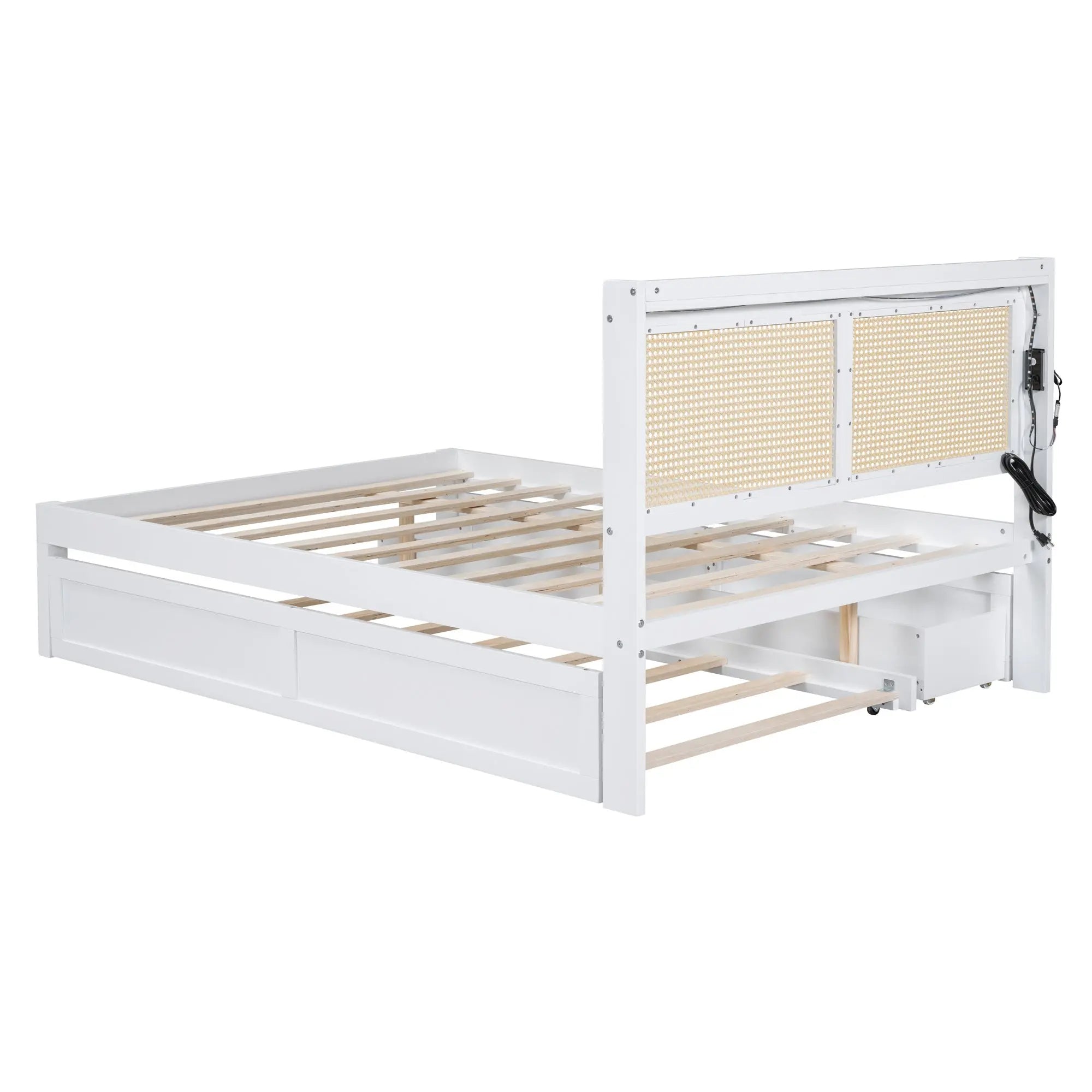 Full Size Elegant Bed Frame with Rattan Headboard and Sockets ,White - VINE GLOBAL