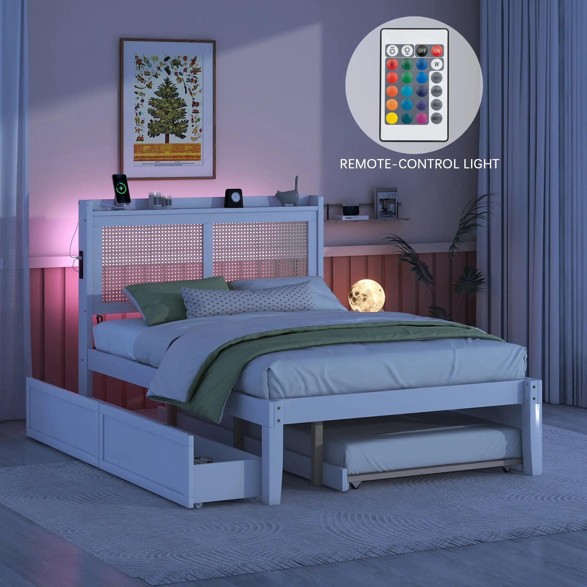 Full Size Elegant Bed Frame with Rattan Headboard and Sockets ,White - VINE GLOBAL