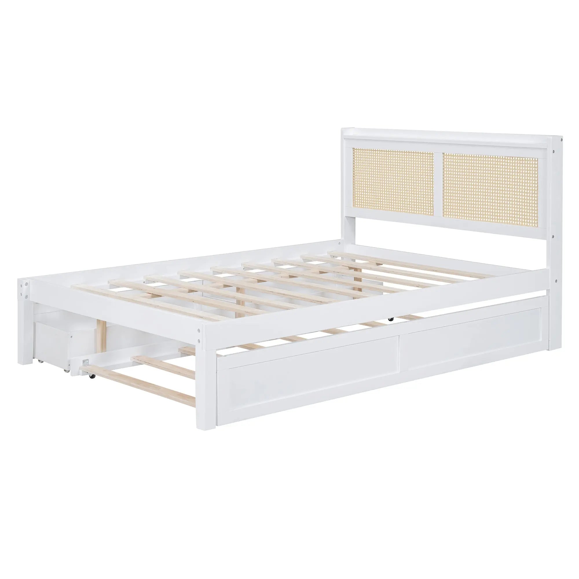 Full Size Elegant Bed Frame with Rattan Headboard and Sockets ,White - VINE GLOBAL
