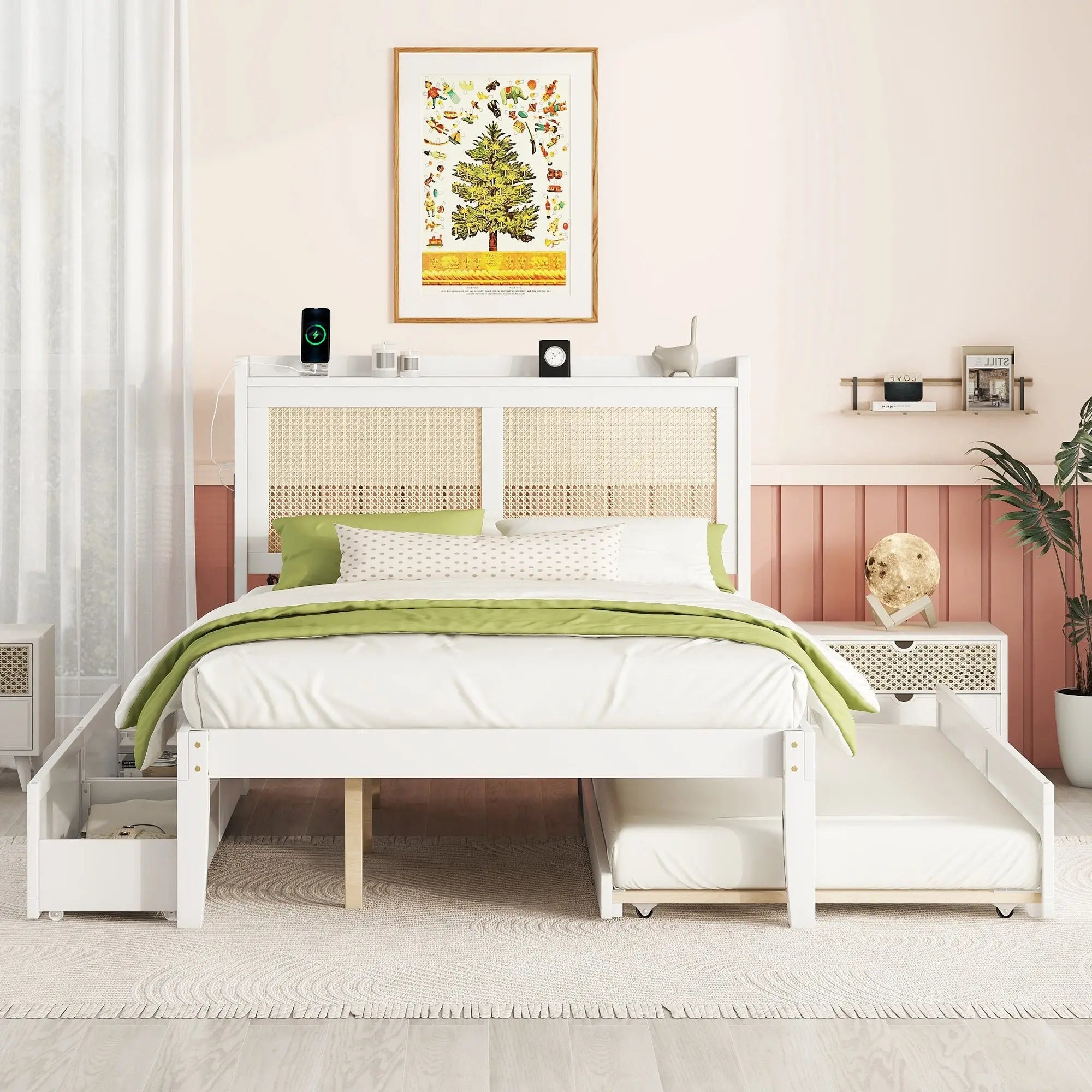 Full Size Elegant Bed Frame with Rattan Headboard and Sockets ,White - VINE GLOBAL