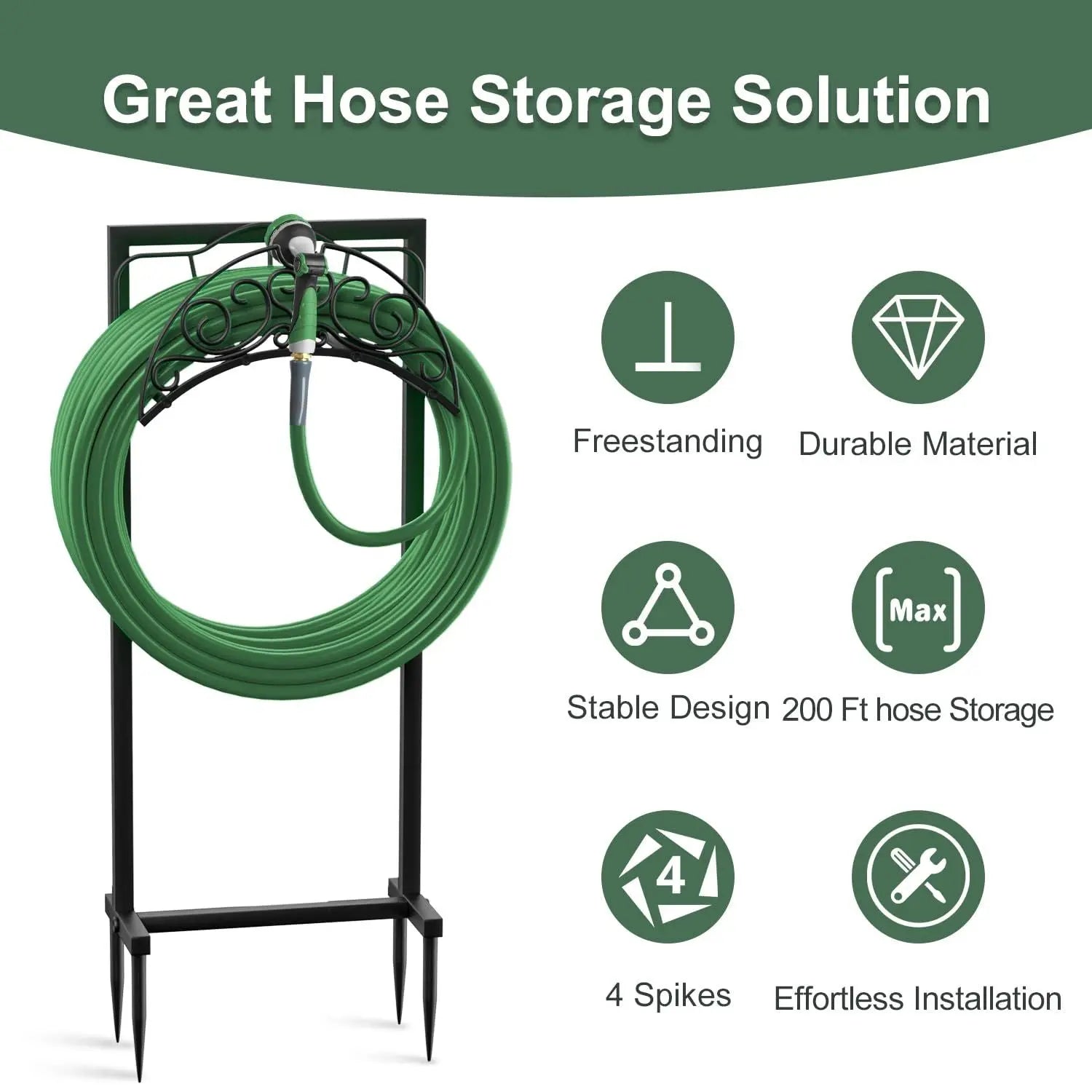 Garden Hose Holder for Outside, Upgraded Freestanding Water Hose Holder with 4 Spikes, Heavy Duty Rust-Resistant Metal Garden Hose Storage Stand for Outside, Black - VINE GLOBAL