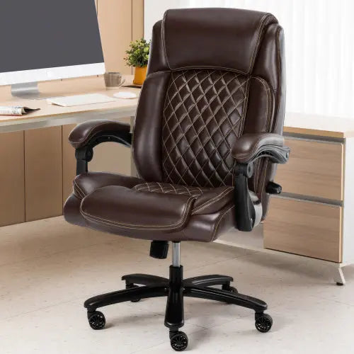 Executive Office Chair - 500lbs Heavy Duty Office Chair, Wide Seat Bonded Leather Office Chair with 30-Degree Back Tilt & Lumbar Support (Brown) - VINE GLOBAL