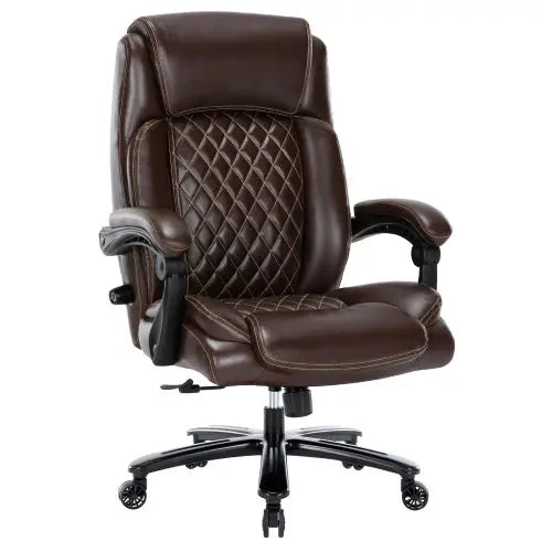 Executive Office Chair - 500lbs Heavy Duty Office Chair, Wide Seat Bonded Leather Office Chair with 30-Degree Back Tilt & Lumbar Support (Brown) - VINE GLOBAL