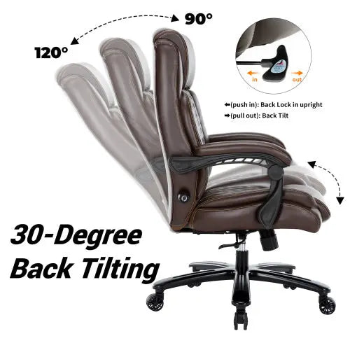 Executive Office Chair - 500lbs Heavy Duty Office Chair, Wide Seat Bonded Leather Office Chair with 30-Degree Back Tilt & Lumbar Support (Brown) - VINE GLOBAL