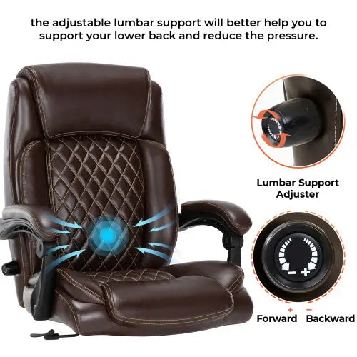Executive Office Chair - 500lbs Heavy Duty Office Chair, Wide Seat Bonded Leather Office Chair with 30-Degree Back Tilt & Lumbar Support (Brown) - VINE GLOBAL