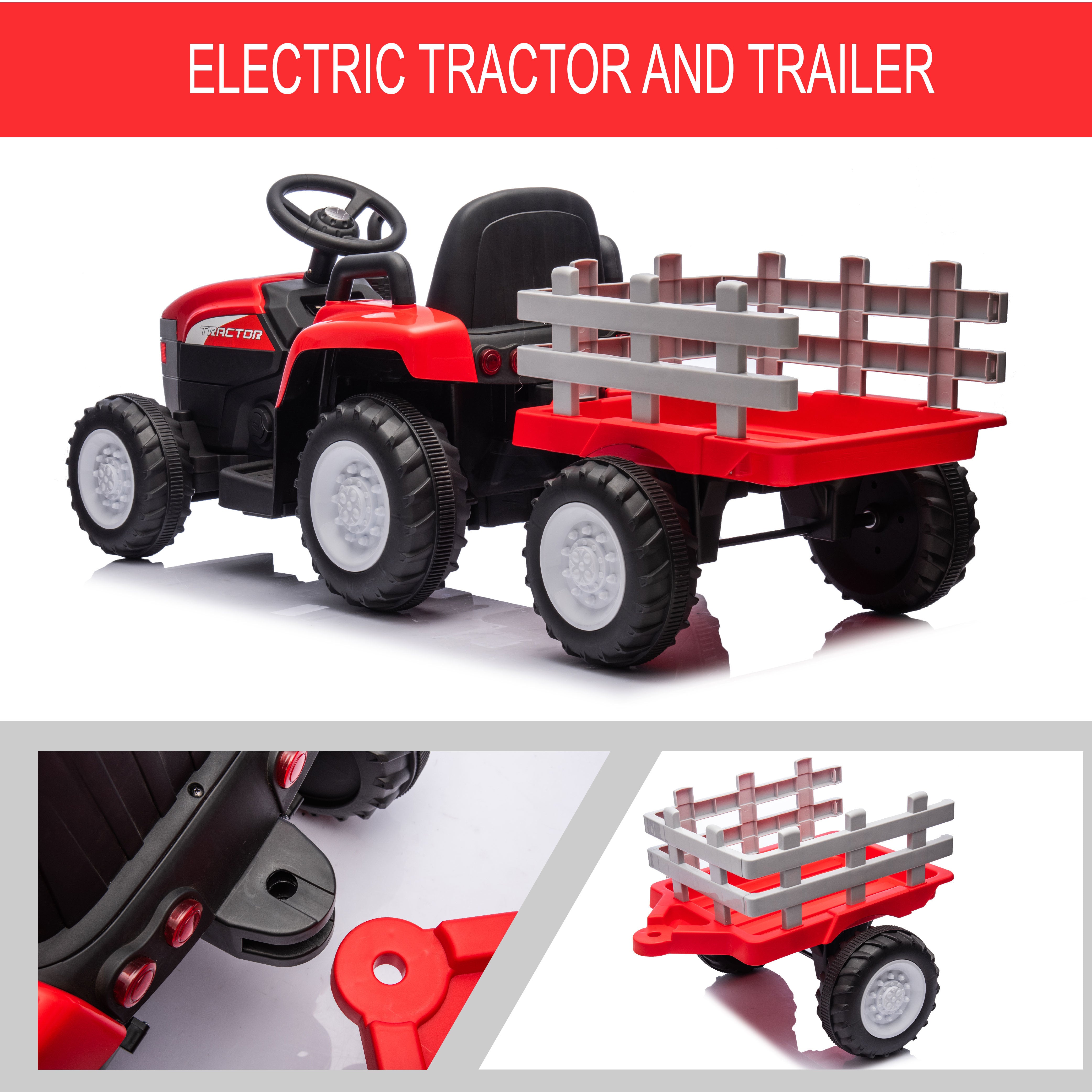 Red, 12V7AH Battery-Powered Toy Tractor with Trailer, Remote Control, Kids' Electric Excavator Vehicles with 2x35W Dual Motor, Treaded Tires, LED Lights, USB, Music, - Gifts for Boy, Girl - VINE GLOBAL