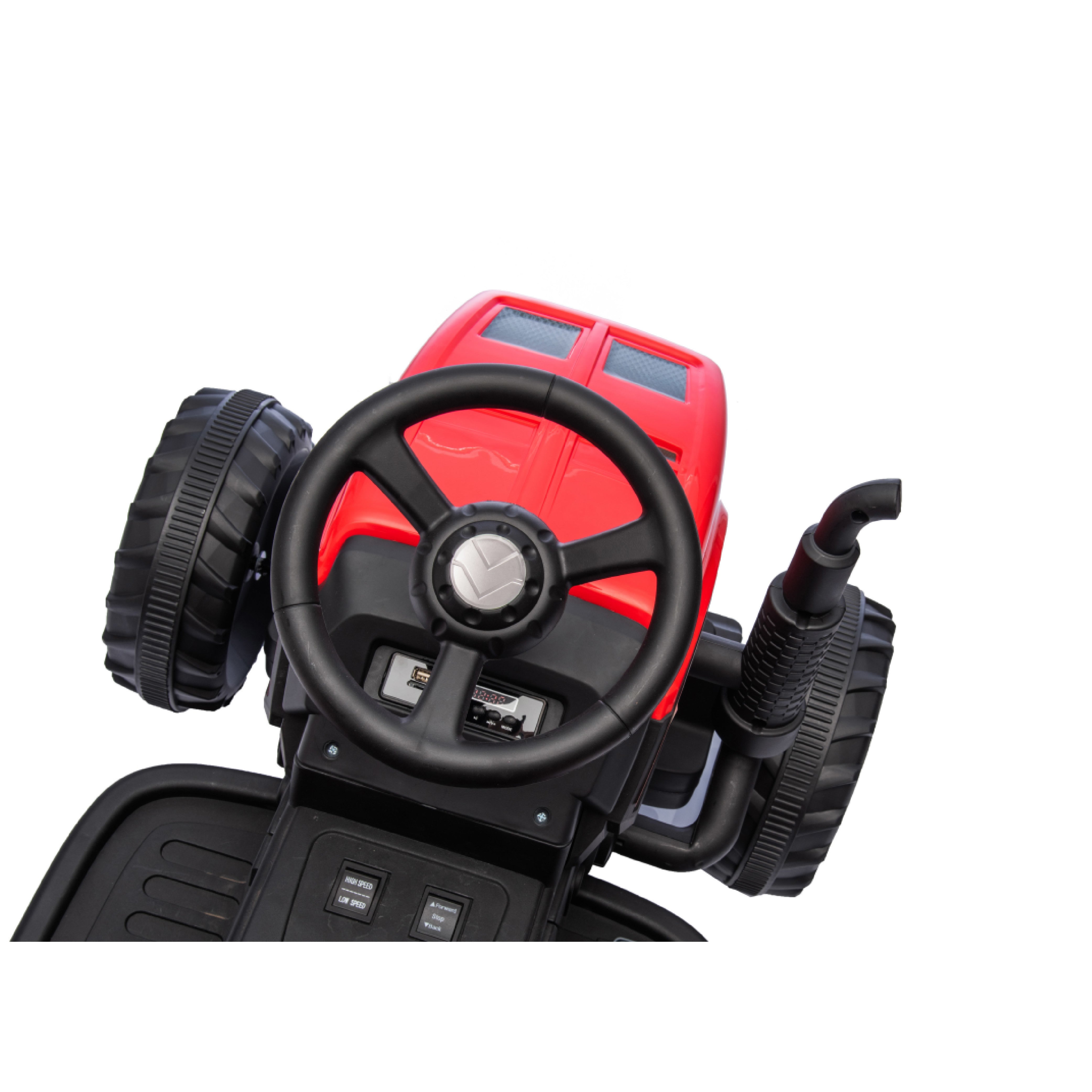 Red, 12V7AH Battery-Powered Toy Tractor with Trailer, Remote Control, Kids' Electric Excavator Vehicles with 2x35W Dual Motor, Treaded Tires, LED Lights, USB, Music, - Gifts for Boy, Girl - VINE GLOBAL