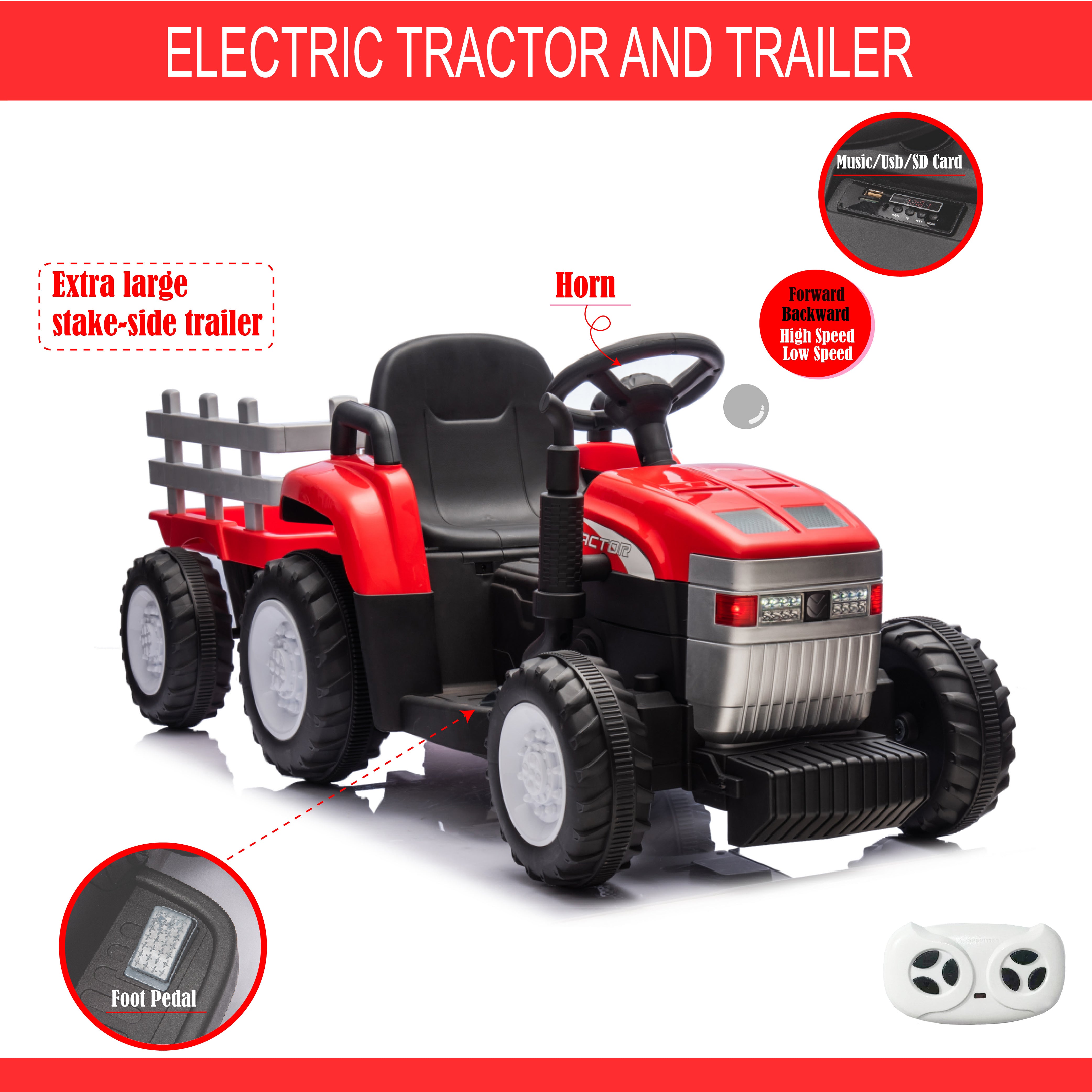 Red, 12V7AH Battery-Powered Toy Tractor with Trailer, Remote Control, Kids' Electric Excavator Vehicles with 2x35W Dual Motor, Treaded Tires, LED Lights, USB, Music, - Gifts for Boy, Girl - VINE GLOBAL