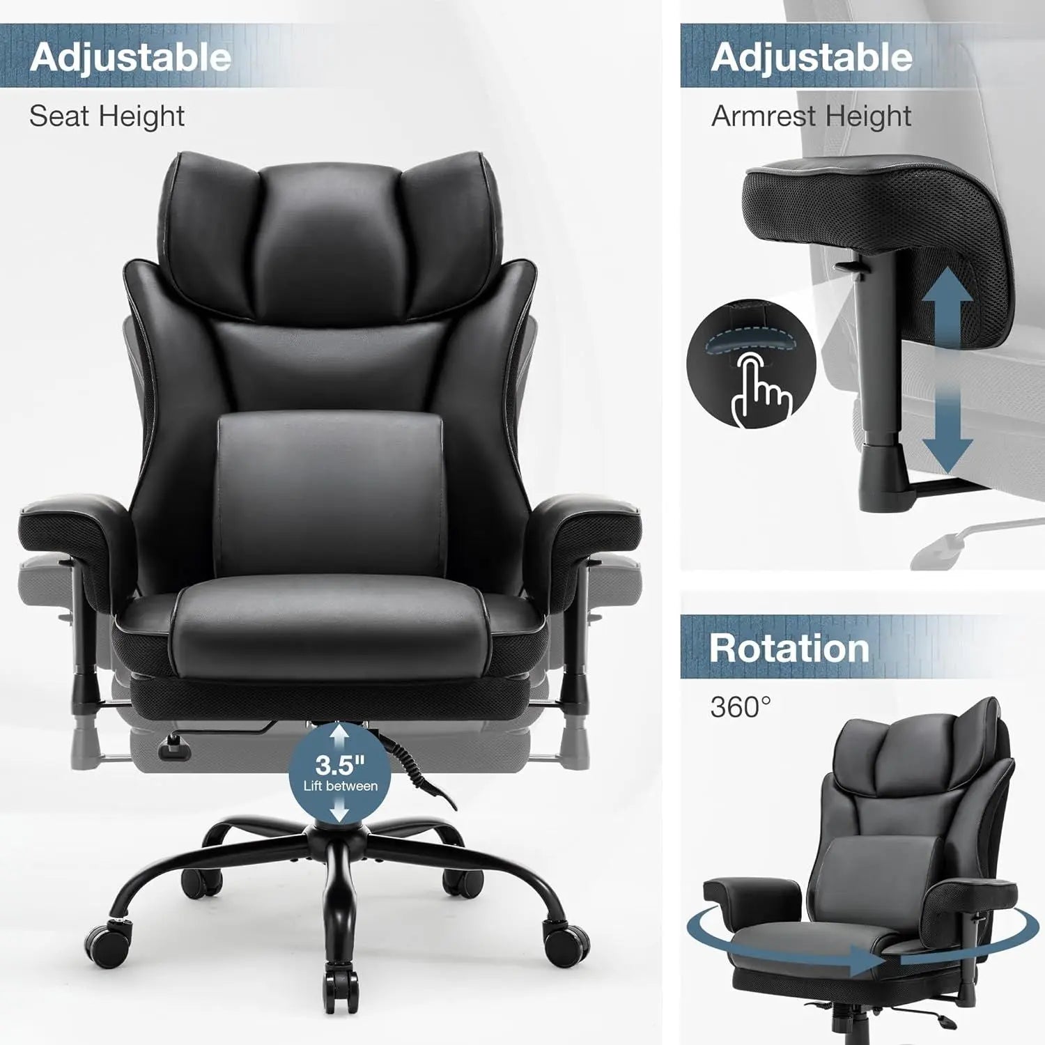 High Back Office Chair, 400lbs Rocking Desk Chair, Ergonomic Executive Office Chair with Adjustable Padded Armrest and Massage Lumbar Support, Adjustable Height Chair (Black) - VINE GLOBAL