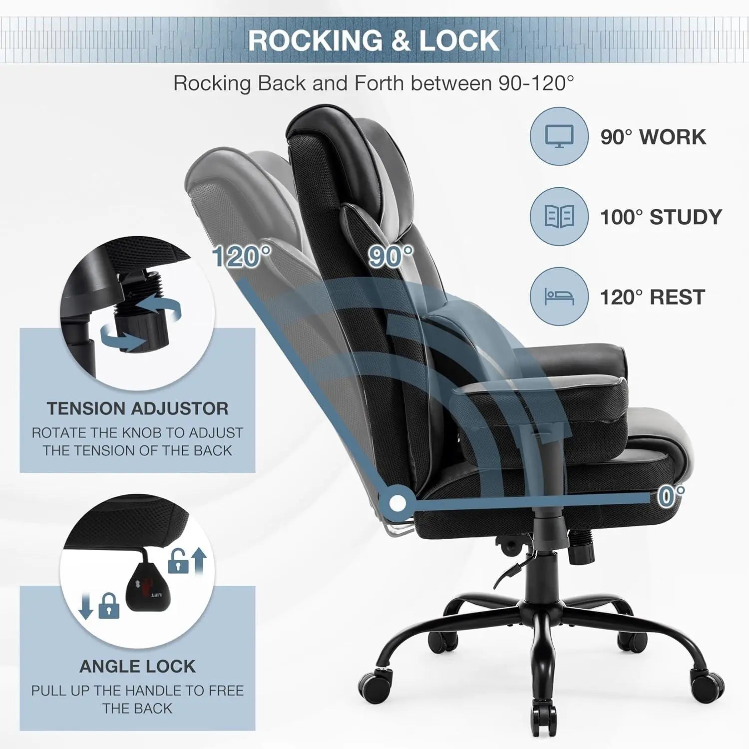 High Back Office Chair, 400lbs Rocking Desk Chair, Ergonomic Executive Office Chair with Adjustable Padded Armrest and Massage Lumbar Support, Adjustable Height Chair (Black) - VINE GLOBAL