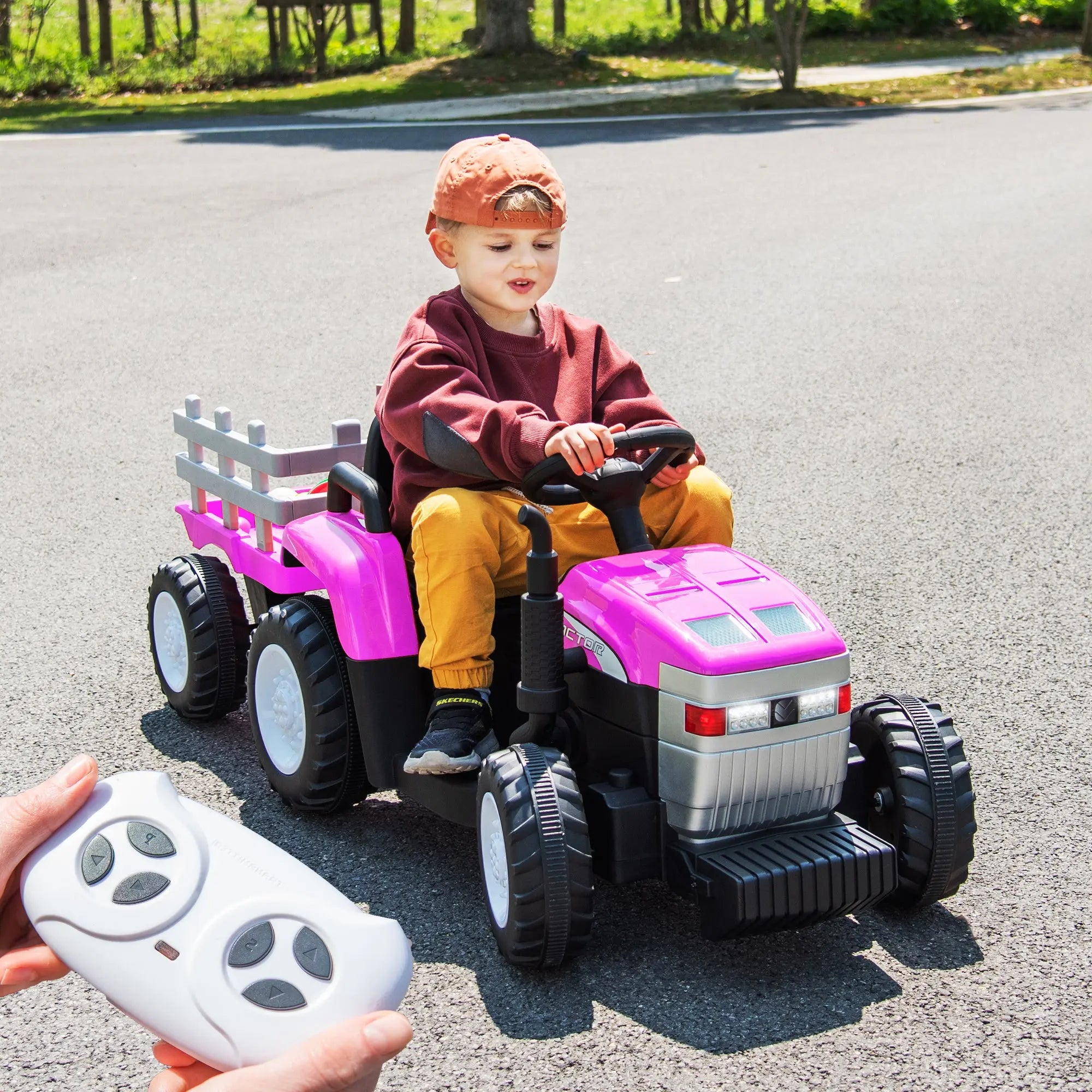 Pink, 12V7AH Battery-Powered Toy Tractor with Trailer, Remote Control, Kids' Electric Excavator Vehicles with 2x35W Dual Motor, Treaded Tires, LED Lights, USB, Music, Safety Belt - Gift Childrens DAY - VINE GLOBAL