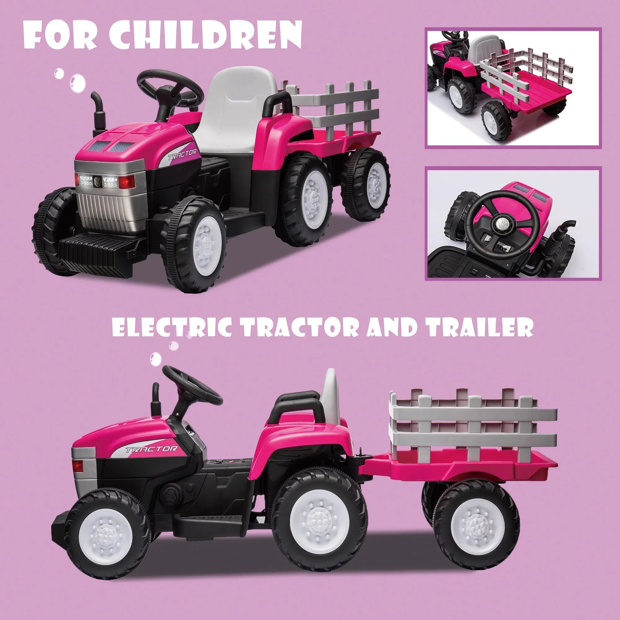 Pink, 12V7AH Battery-Powered Toy Tractor with Trailer, Remote Control, Kids' Electric Excavator Vehicles with 2x35W Dual Motor, Treaded Tires, LED Lights, USB, Music, Safety Belt - Gift Childrens DAY - VINE GLOBAL