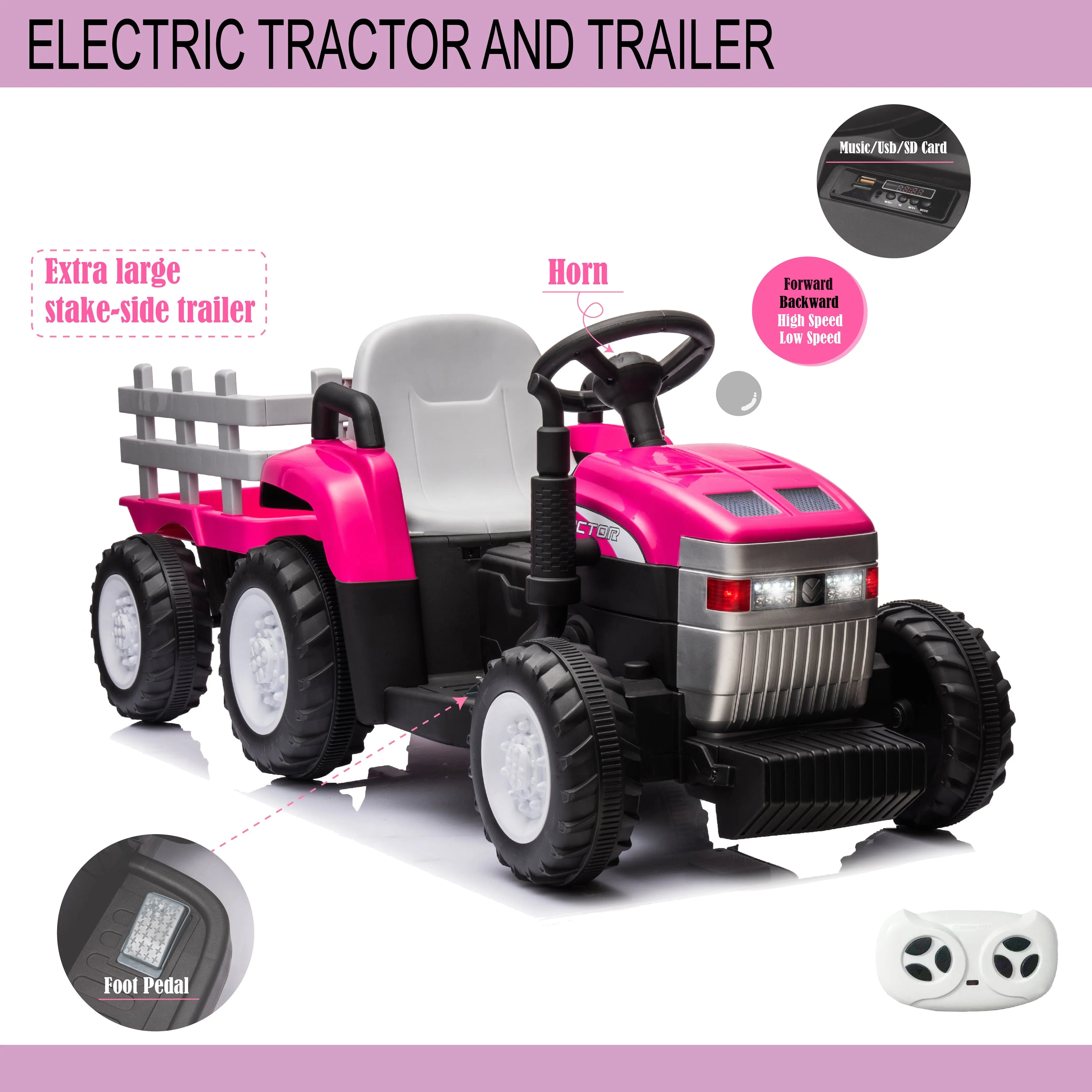 Pink, 12V7AH Battery-Powered Toy Tractor with Trailer, Remote Control, Kids' Electric Excavator Vehicles with 2x35W Dual Motor, Treaded Tires, LED Lights, USB, Music, Safety Belt - Gift Childrens DAY - VINE GLOBAL